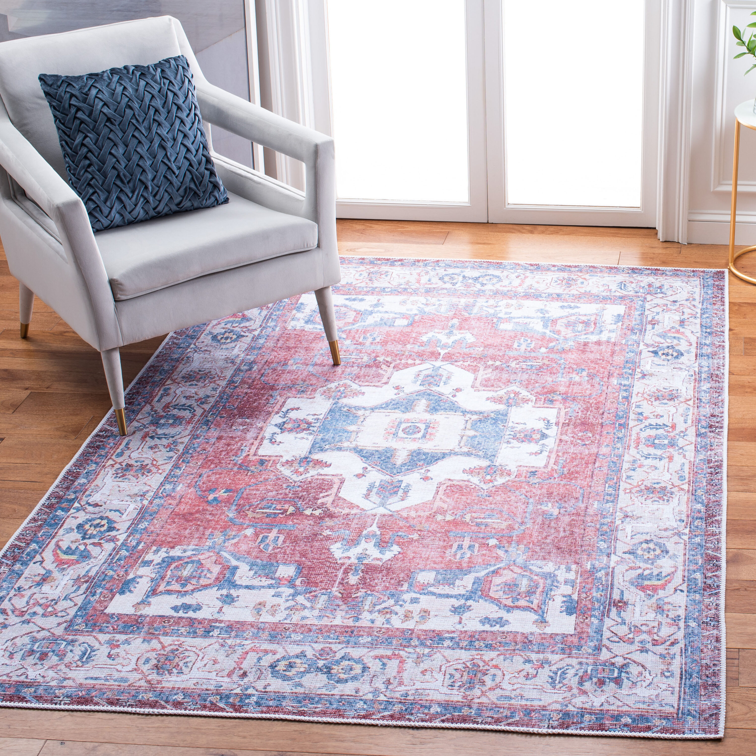 Serapi Red and Ivory Hand-Knotted Washable Viscose Rug