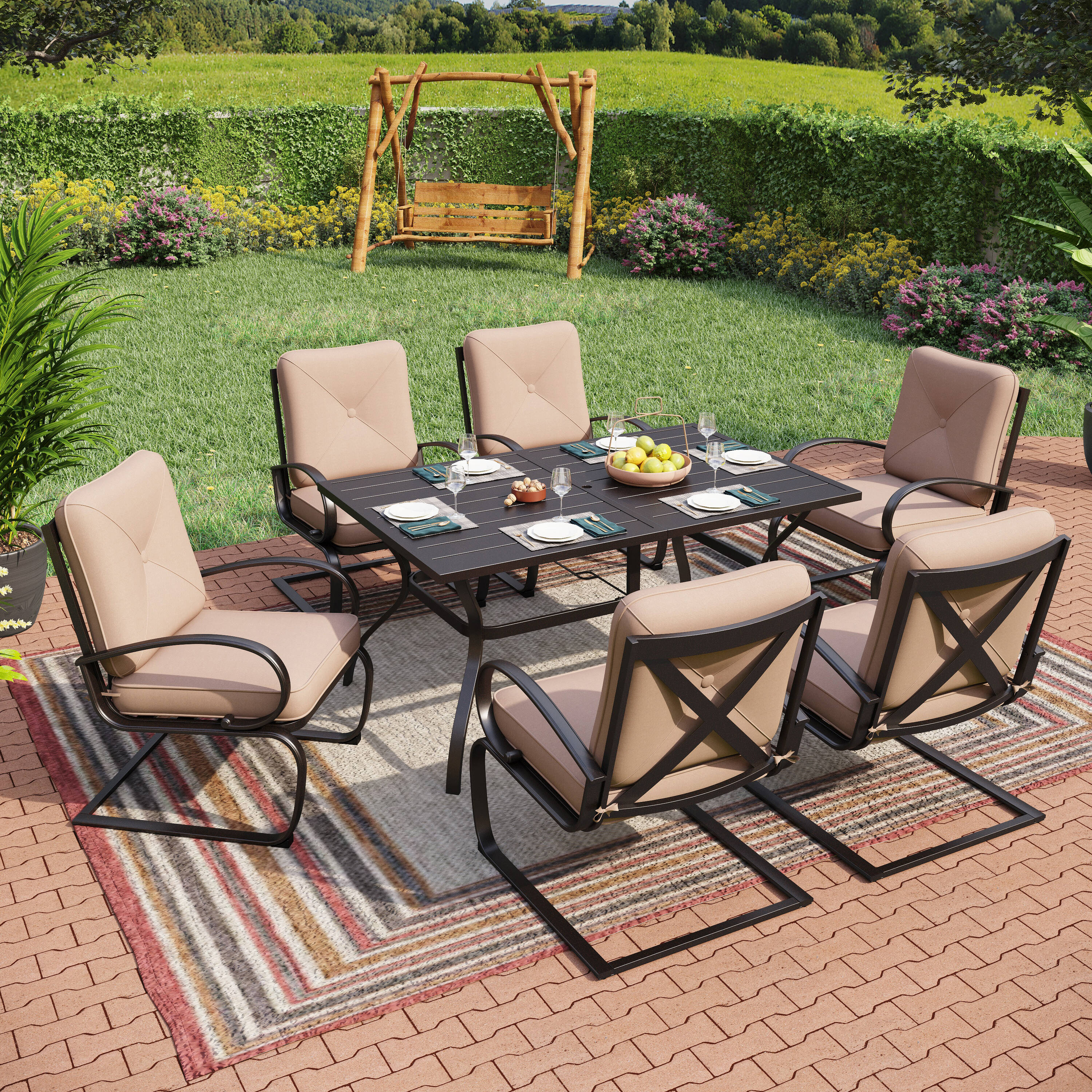 Sunshine Valley GRAFTON 7 Piece Black Patio Dining Set Steel Rectangle Table with 6 Tan Cushions C spring Chairs TC7 3601 0604 at Lowes