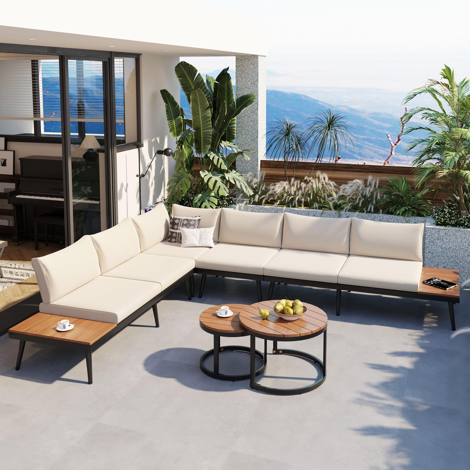 BABOOM BOM-0001AAA-OR Outdoor Sectional Sofa Set 6-Piece Patio Sofa Conversation Set with Off-white Polyester Cushions