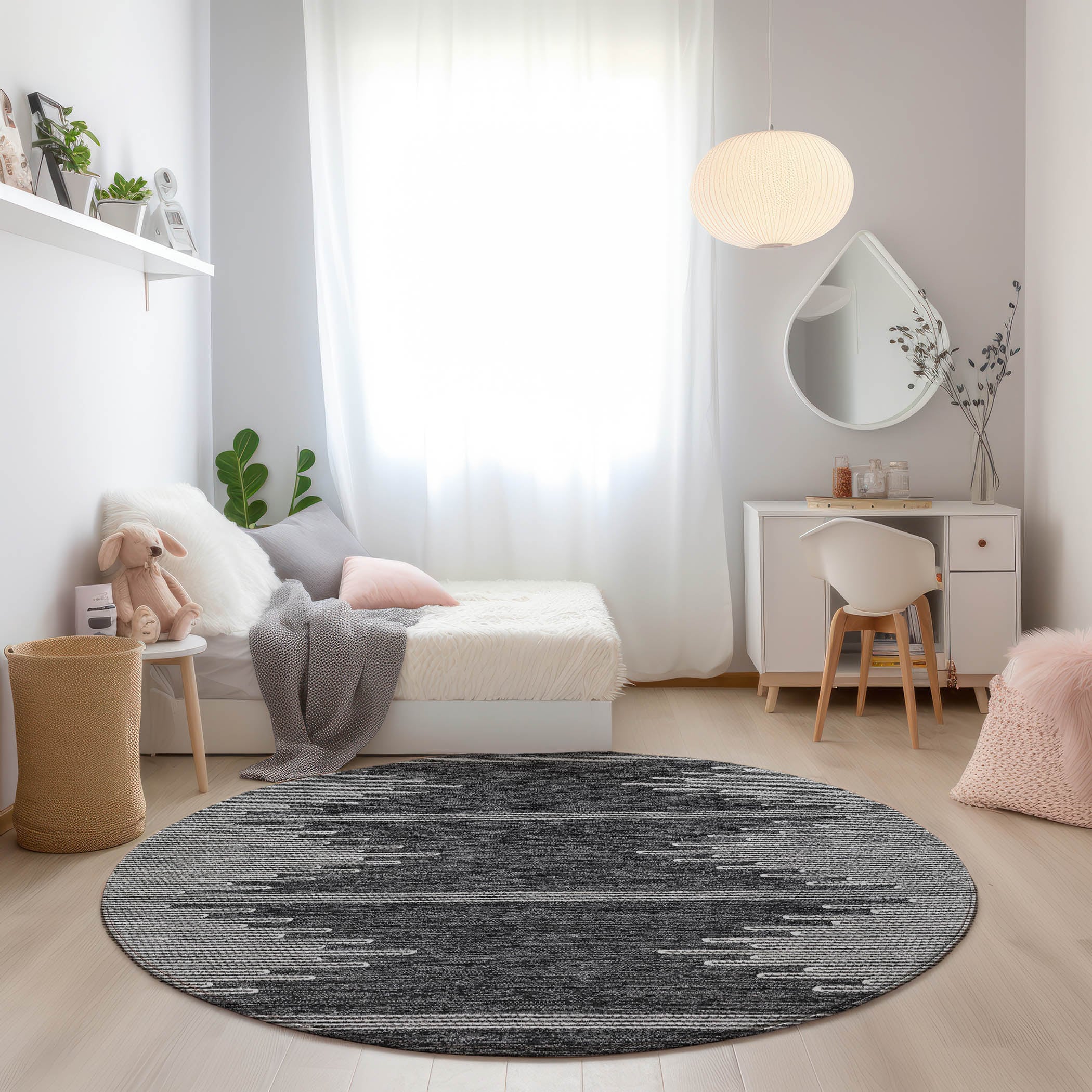 Charcoal and Gray Round Synthetic Flat Woven Rug