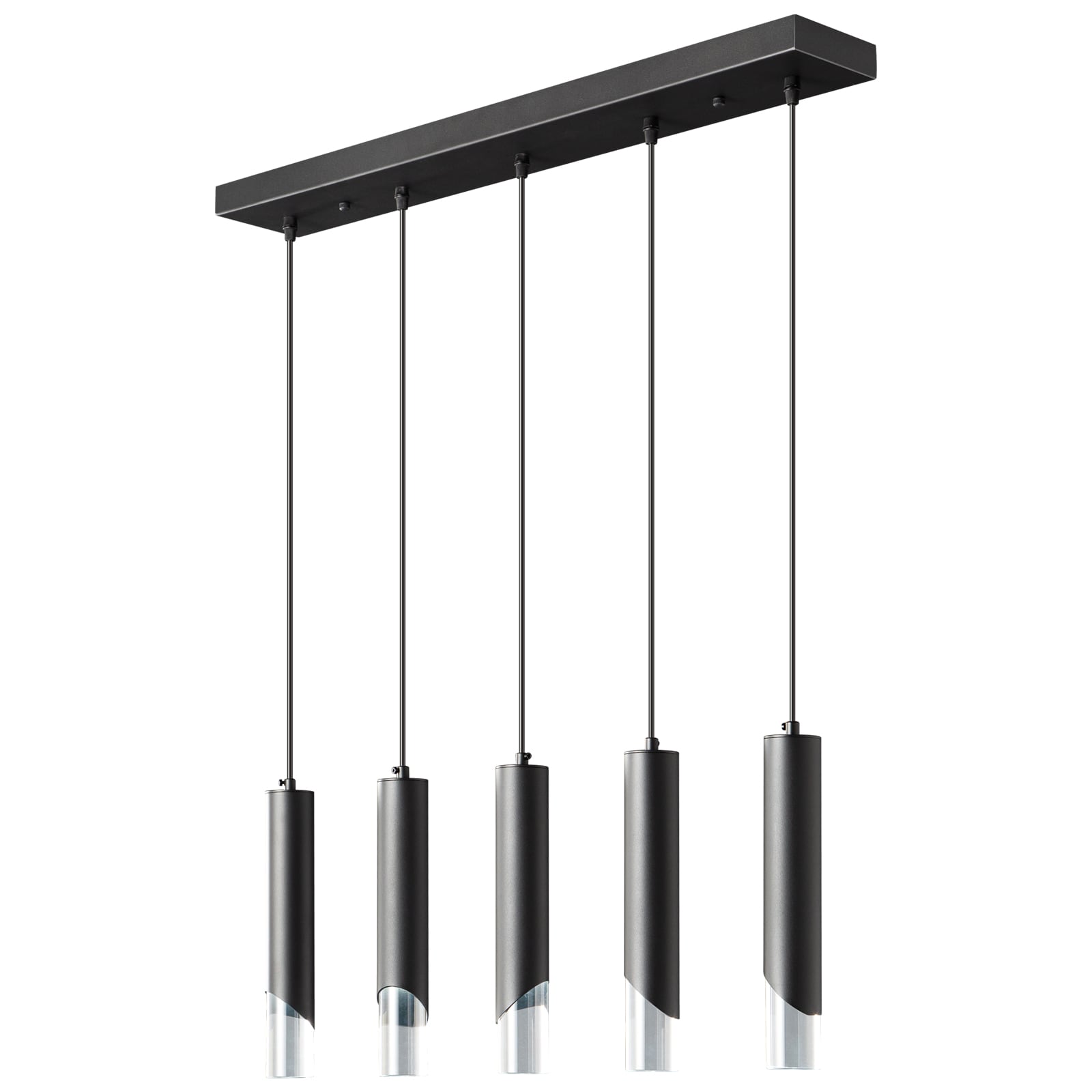 ZHLLMQ Modern Kitchen Island Pendant Collection 5-Light Linear Adjustable Matte Black Clear Acrylic Vertical Tube Dimmable Integrated LED Adjustable Height Kitchen Island Dining Room Hardwired Linear Hanging Ceiling Pendant Fixture