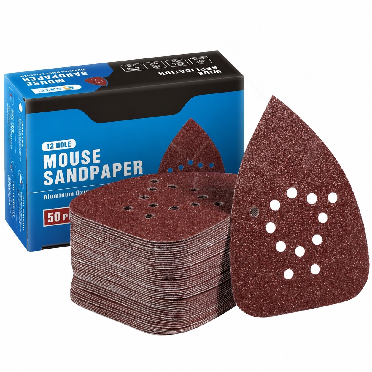 Etokfoks  50 Pack Mouse Sander Sandpaper Pads Assorted Grits 60 80 120 150 220 for Metal Wood Plastic Glass Polishing