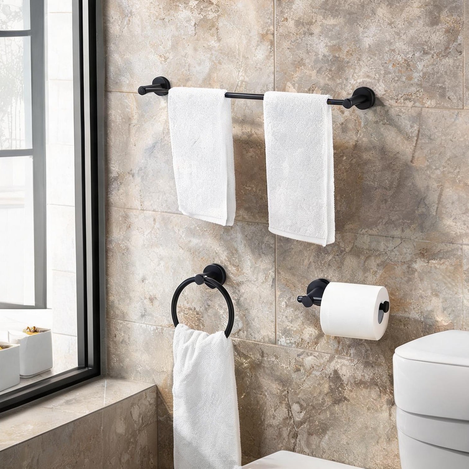 SunJet Space aluminum bathroom hardware set in matte black with adjustable towel bar and concealed mounting