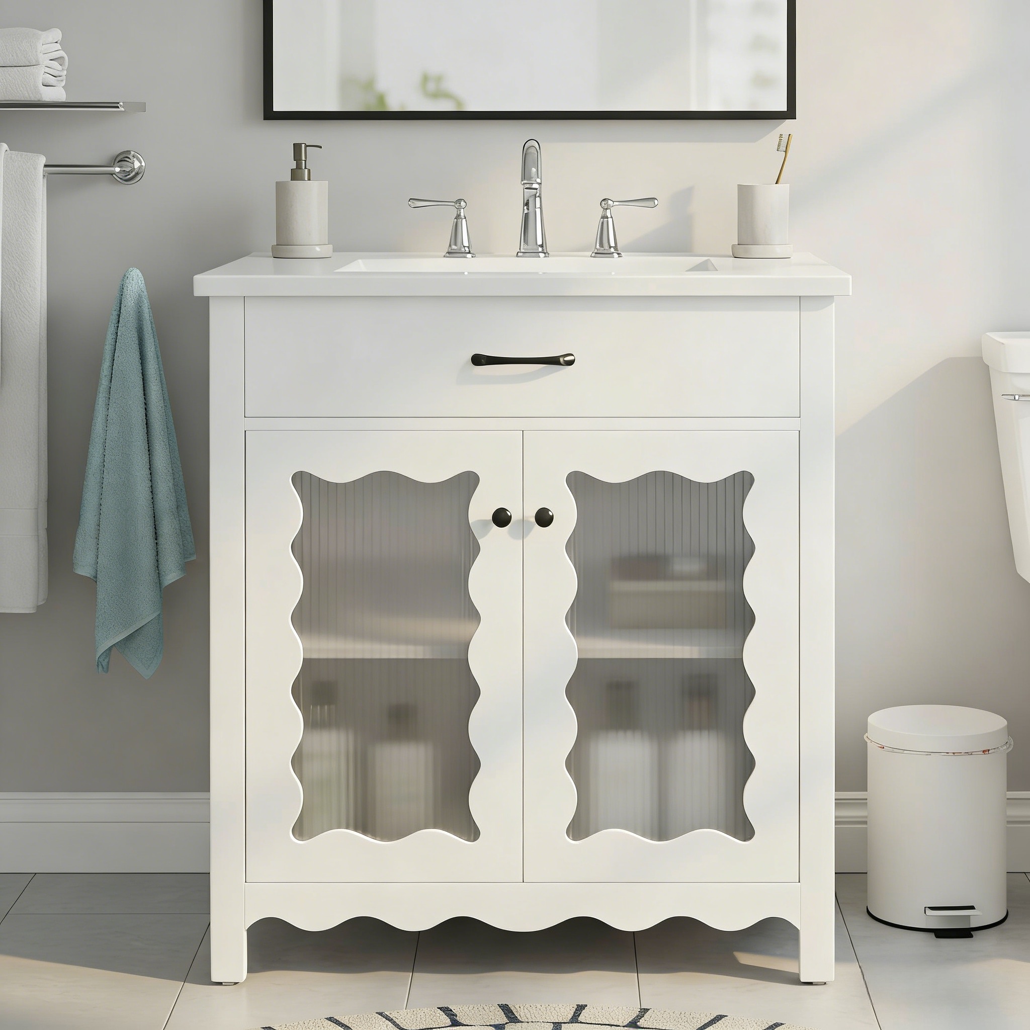 Afoxsos 31 inch Bathroom Vanity with Tempered Glass Doors Rubber Wood Legs Ceramic Sink Soft Close Storage Cabinet White 31L x 18.8W x 34.25H