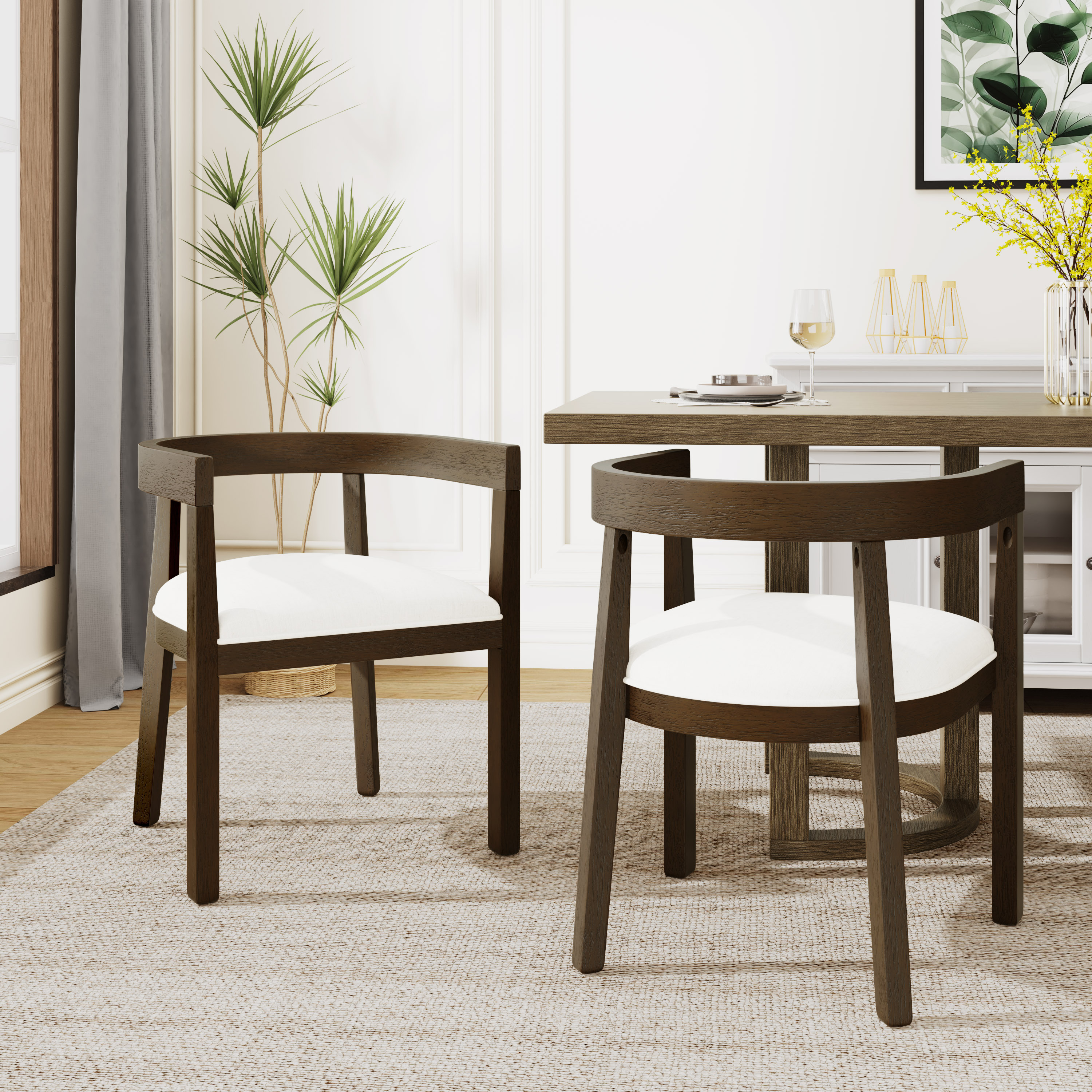 Christopher Knight Home 326759 Schultz Modern 7-Piece Walnut Plus Beige Wood Top Dining Set with 6 Cushioned Seats Curved Back