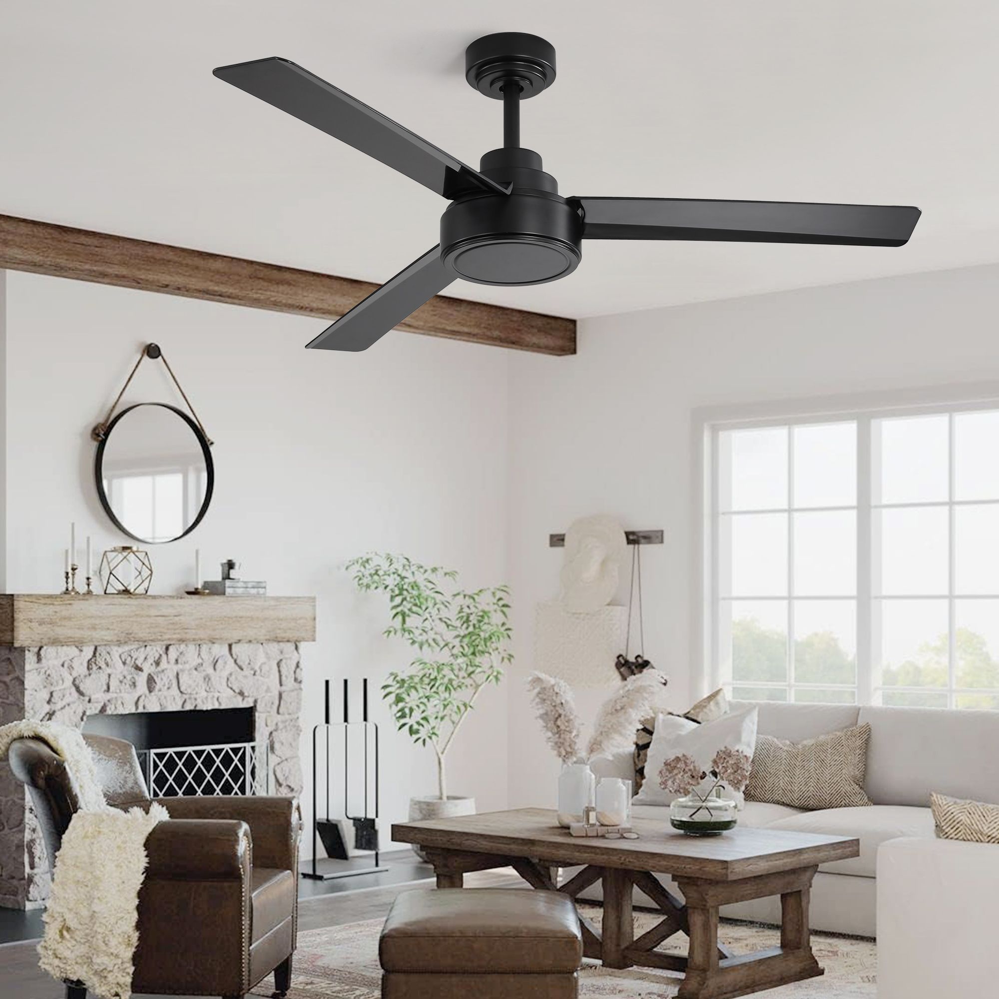 HomLux 52 Inch Outdoor Ceiling Fan Without Light 3 ABS Blades Farmhouse Black Ceiling Fan with Remote 6 Speed Reversible DC Motor for Living Room Bedroom Kitchen #LW-W882P164176
