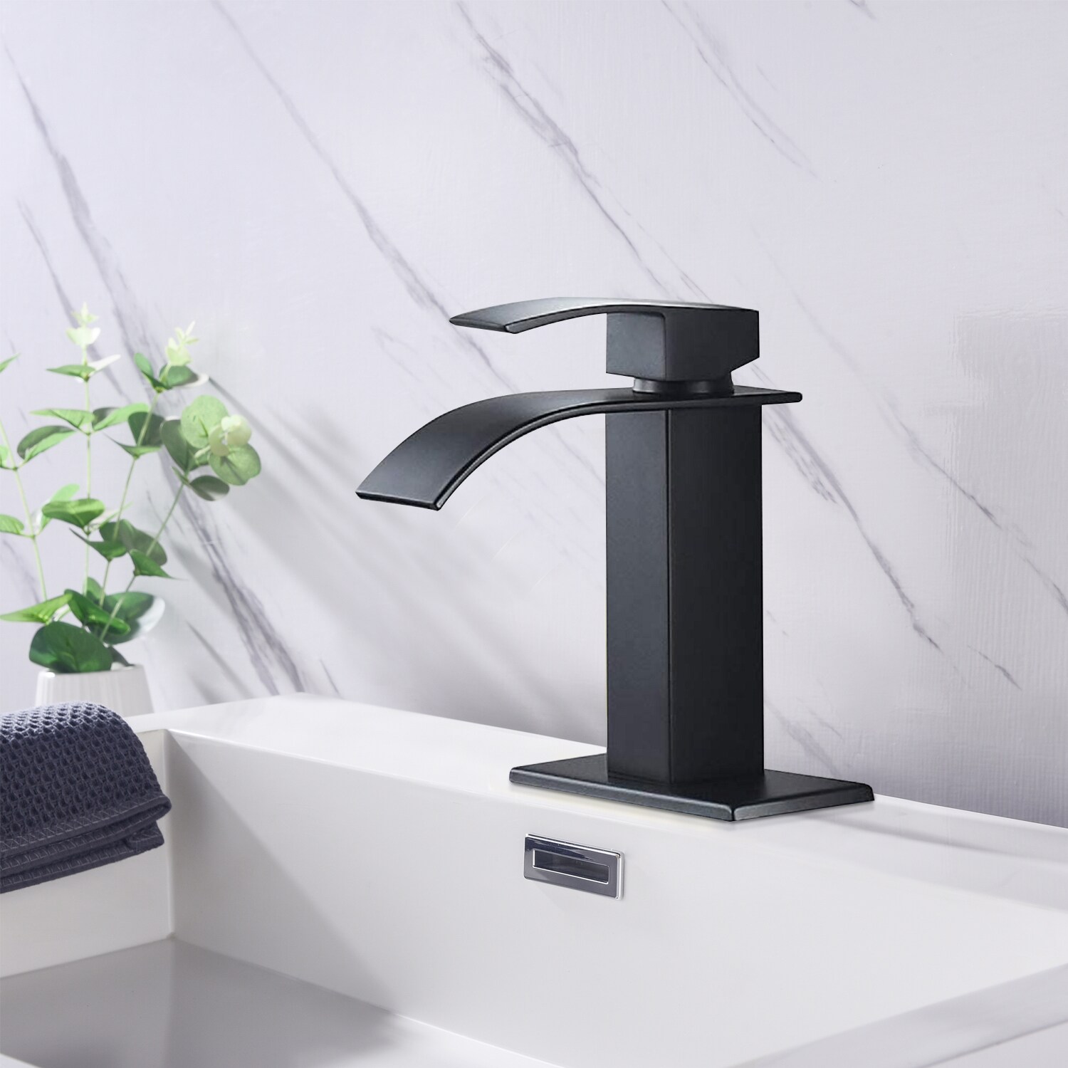 CASAINC Matte Black Single Hole 1-handle Waterfall Bathroom Sink Faucet  with Deck Plate in the Bathroom Sink Faucets department at