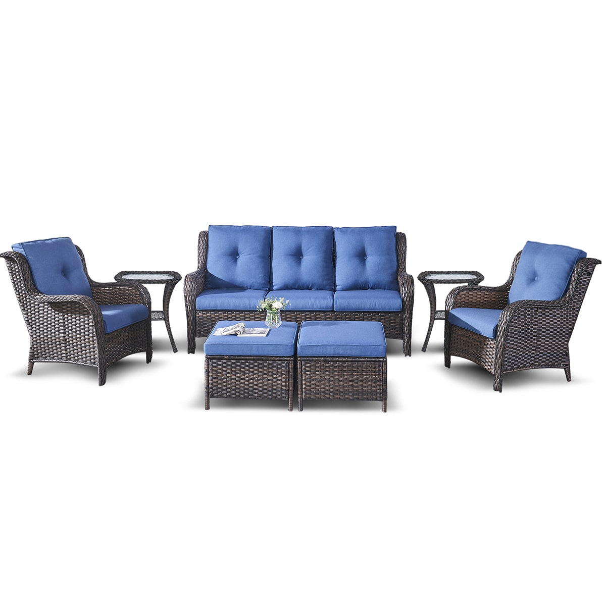 Rilyson FS013025X2006014-1 7 -Piece Wicker Patio Sofa Conversation Set with Blue Cushions