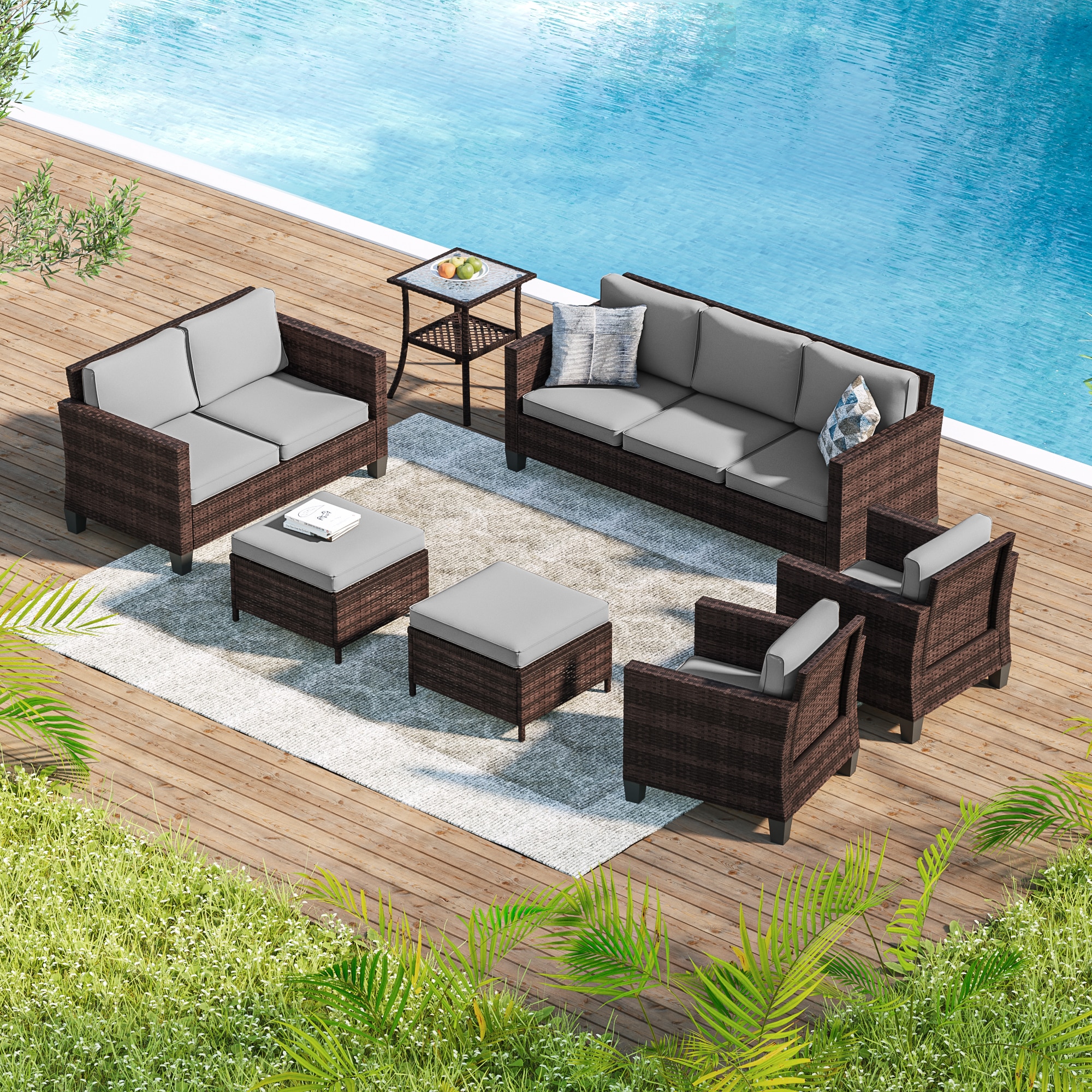ACEGOSES LW-115BGY-S3T2 Skytop 7 -Piece Wicker Patio Sofa Conversation Set with Gray Cushions