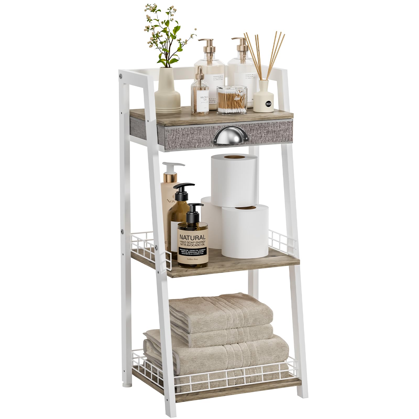 Afoxsos 3 Tier White Bathroom Shelf with Drawer and Adjustable Feet Freestanding Storage Rack 11.6 in D x 14.56 in W x 31.69 in H 1 Piece