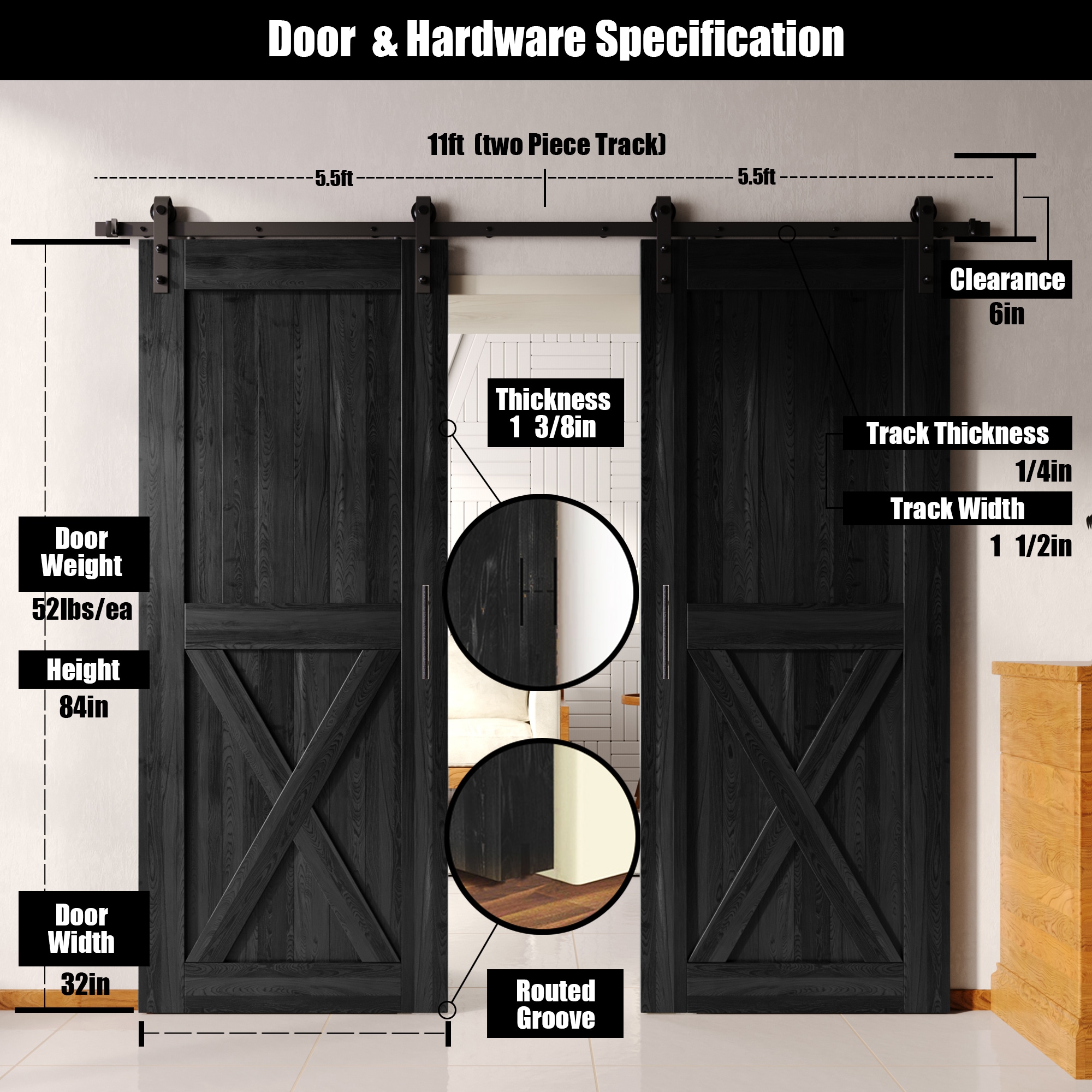 HOMACER YT2TGH132C-3284-X-BK Barn-Doors - View #2