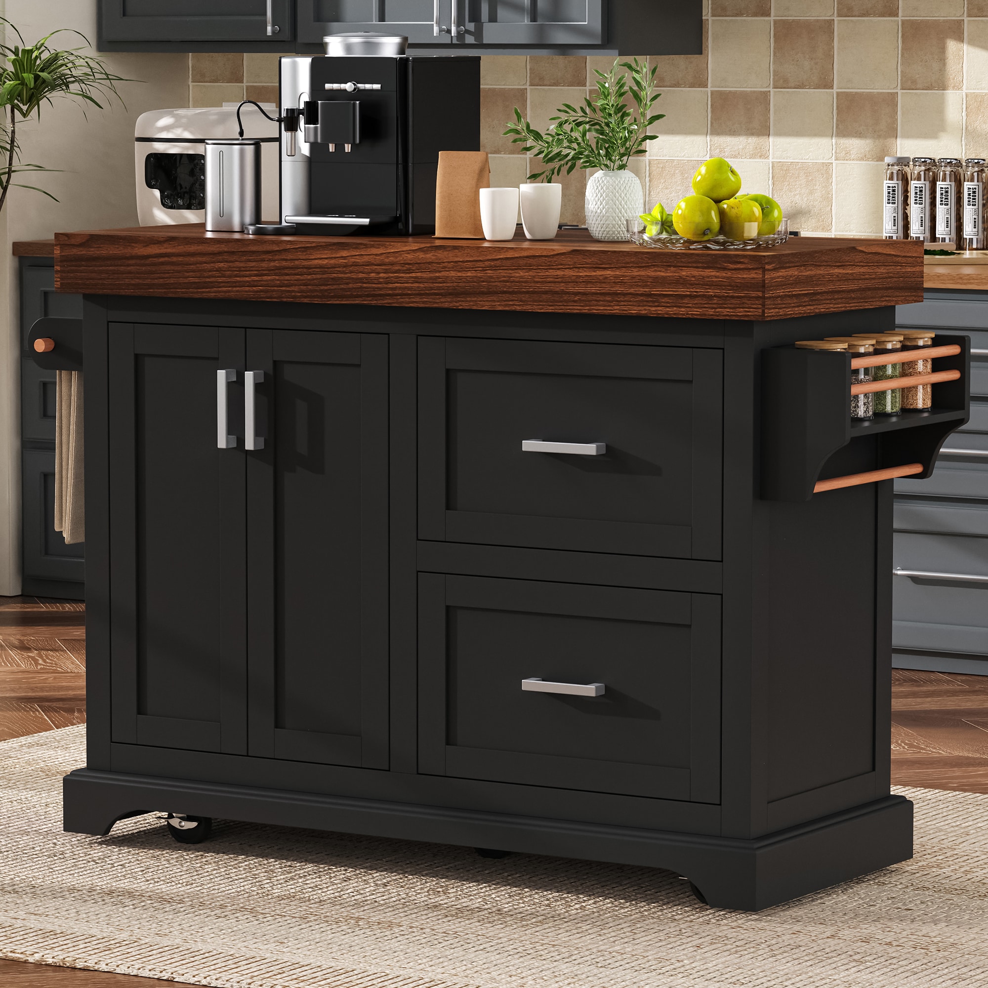 FAVSH Black MDF Base Rubber Wood Top Kitchen Islands 17.75in x 53.25in ...