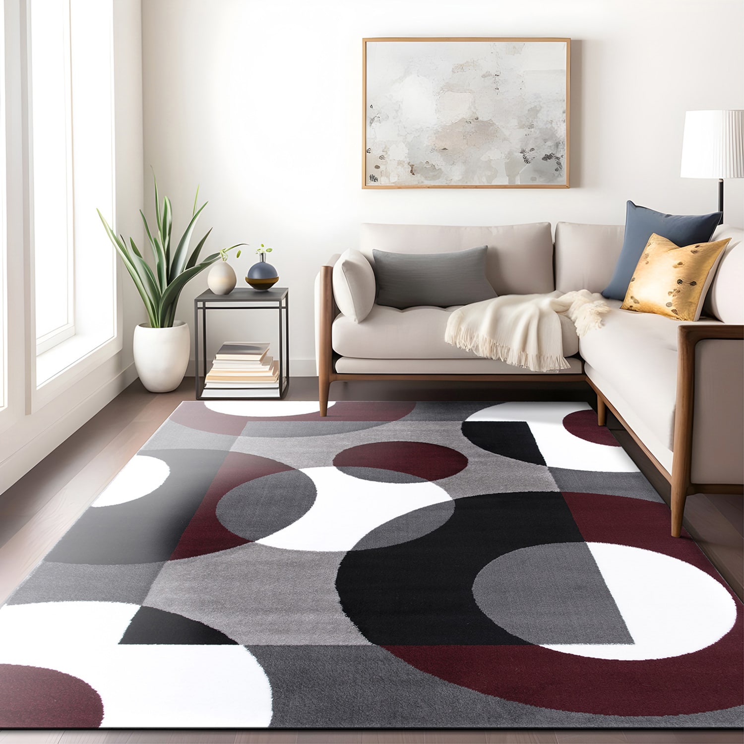 Burgundy and Gray Geometric Rectangular Area Rug 5' x 7'