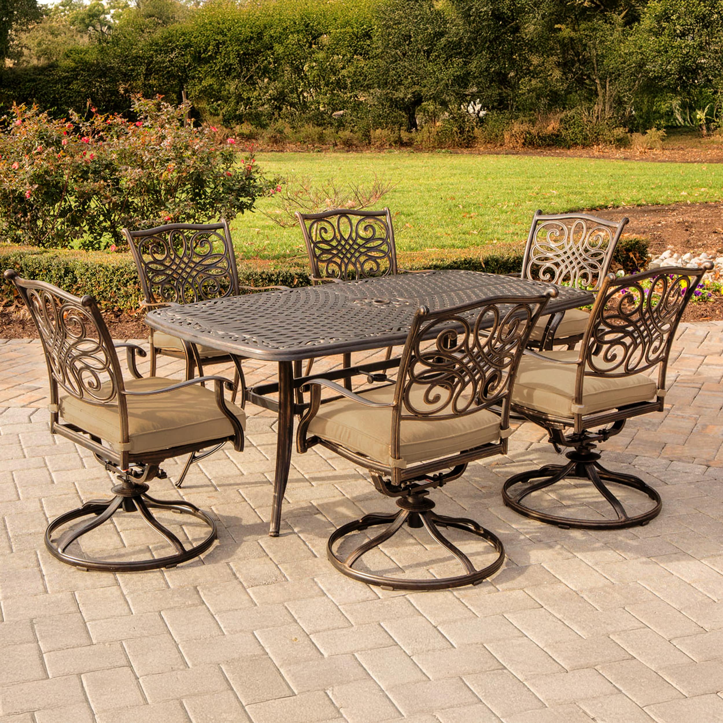 Hanover TRADITIONS7PCSW-6 Traditions 7 -Piece Bronze Patio Dining Set Aluminum Rectangle Table with 6 Tan Cushions Swivel Rocker Chairs