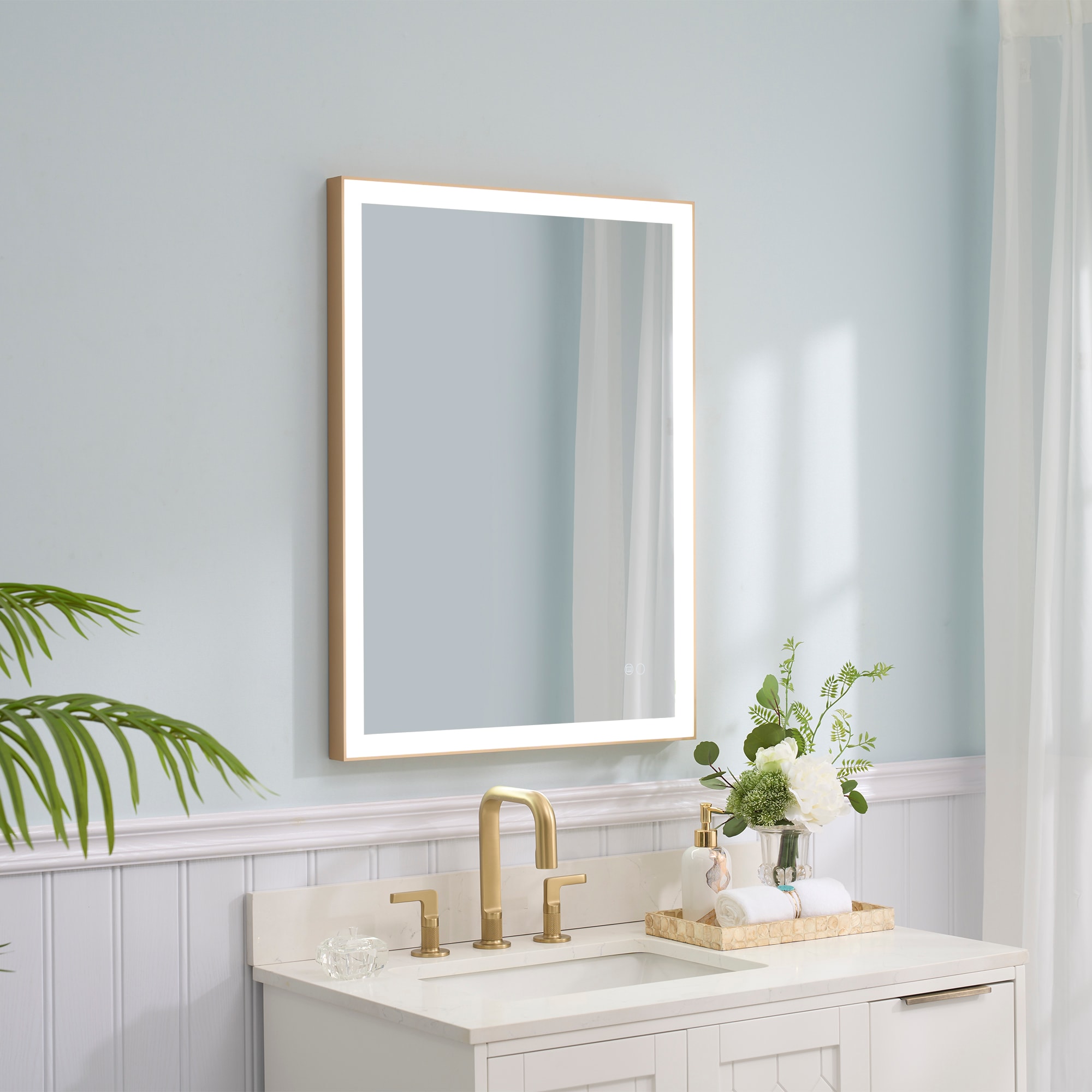 WELLFOR W5FM2432GD RECA Framed LED Mirror 24-in x 32-in Framed Rectangle Dimmable LED Lighted Fog Free Bathroom Vanity Mirror ( Gold )