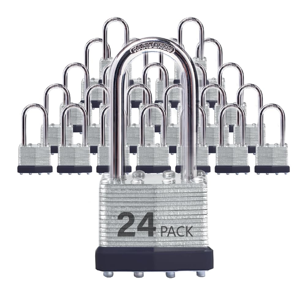 CYIKE  Keyed Alike Laminated Steel Padlocks with Long Shackle for Sheds Fences and Lockers 24 Pack durable home and garden accessory designed for