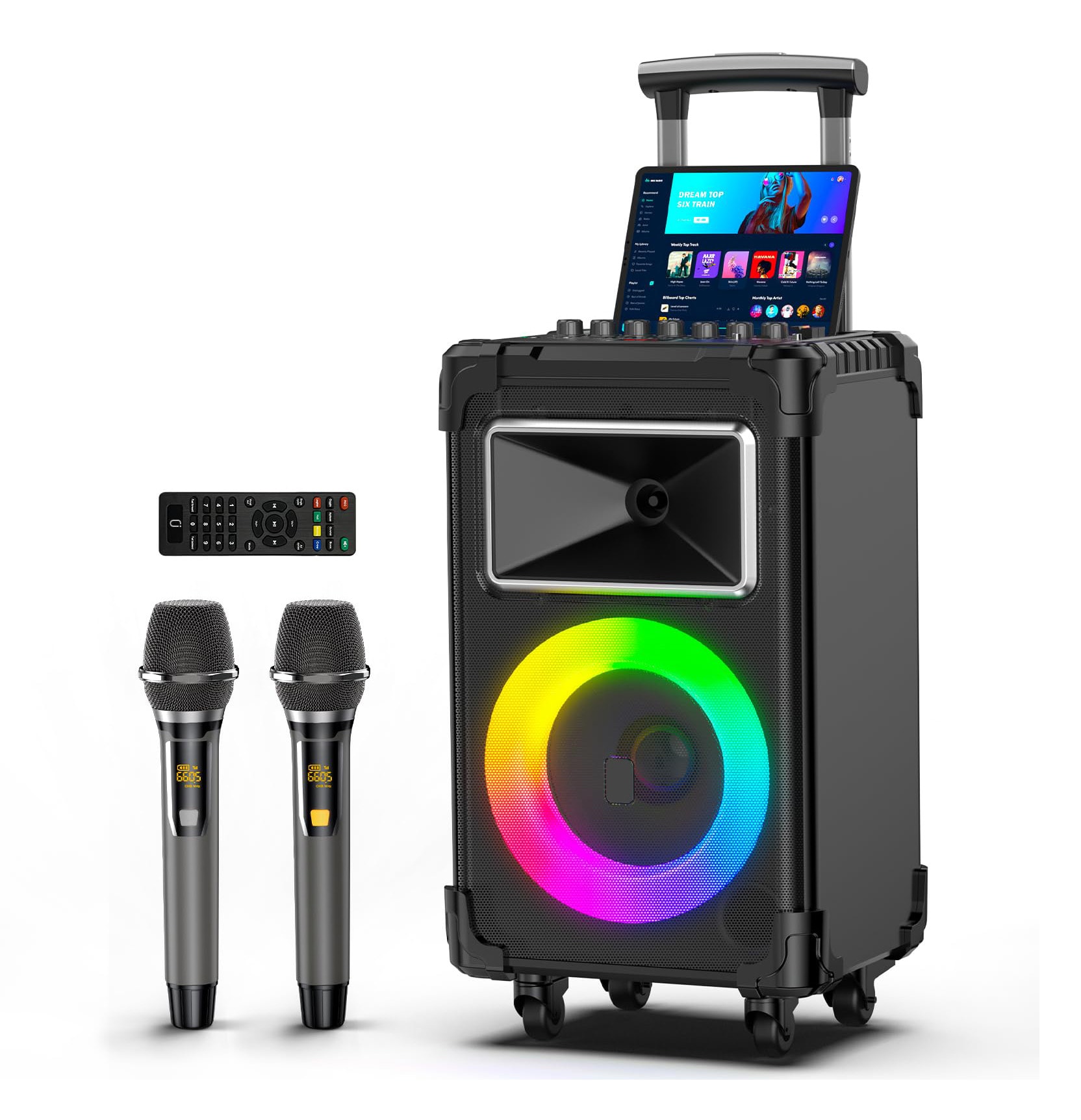 Misopily  1 Piece Karaoke Machine with 2 Wireless Microphones 10 Inch Woofer 500W Portable Bluetooth Speaker PA System with LED Lights Remote Control Rolling Wheels