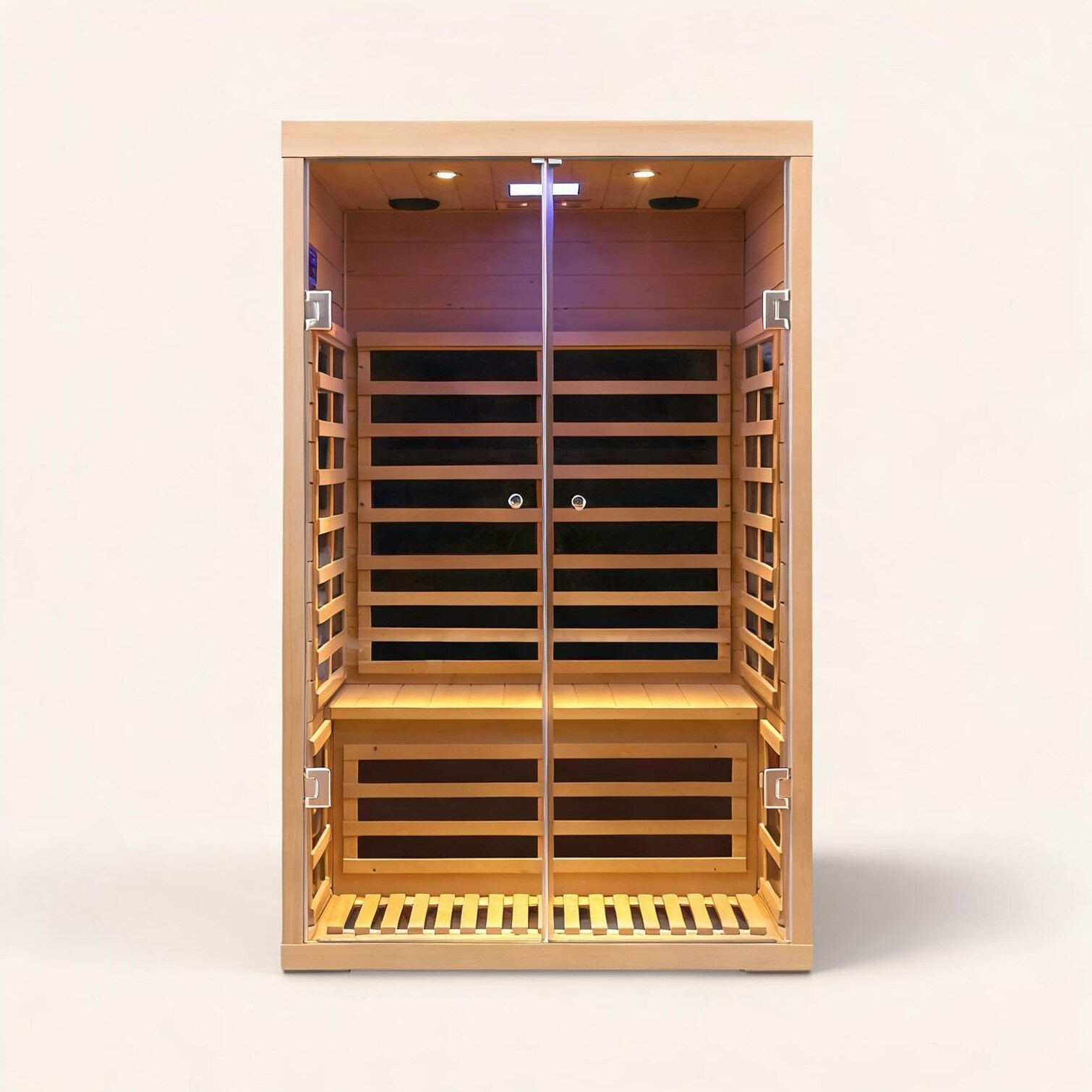 SunJet Sauna featuring Metal Frame Natural Wood Storage and Glass Construction with Metal and Wood