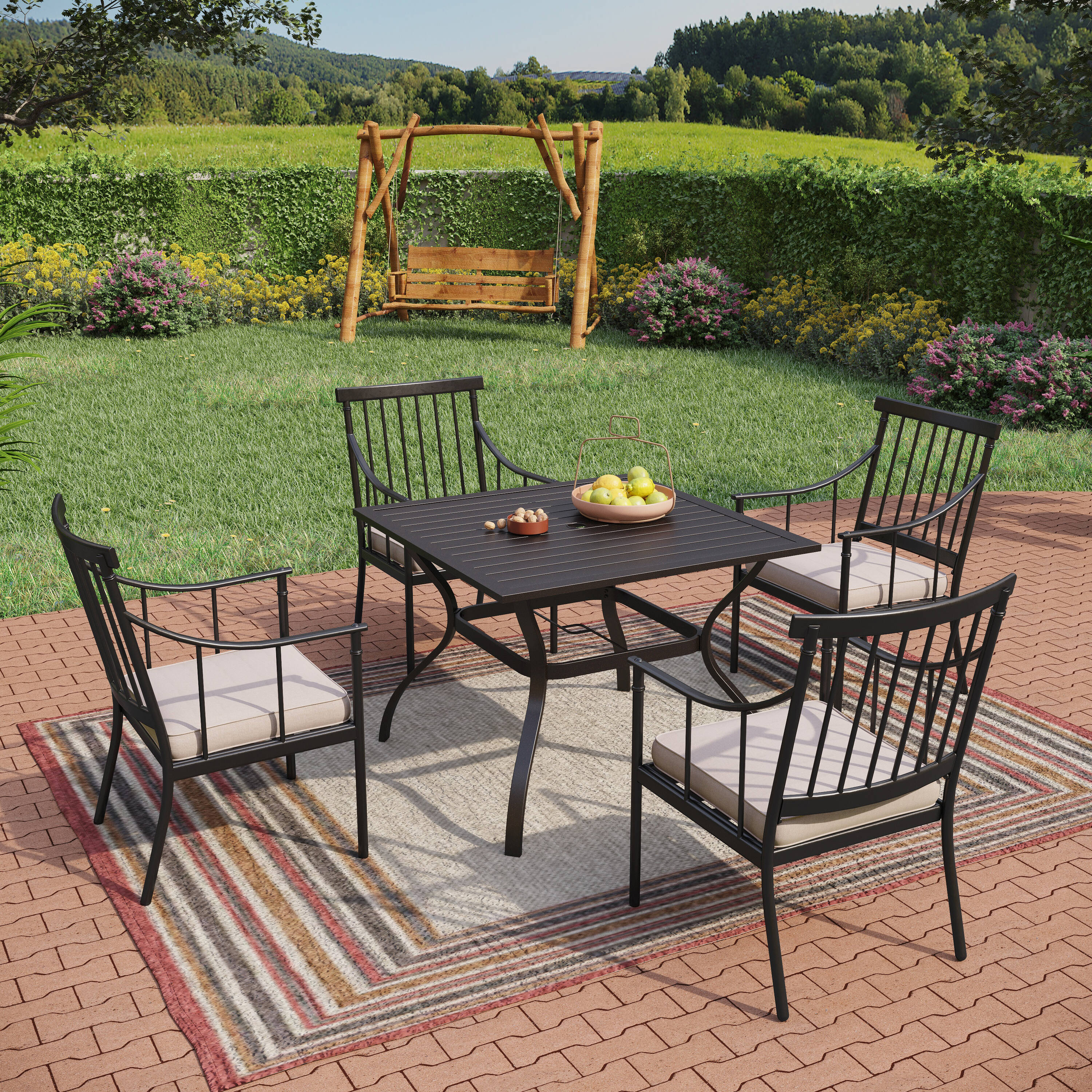 Sunshine Valley 5 Piece Black Patio Dining Set Steel Square Table with 4 Tan Cushions Stationary Chairs S5 344 01