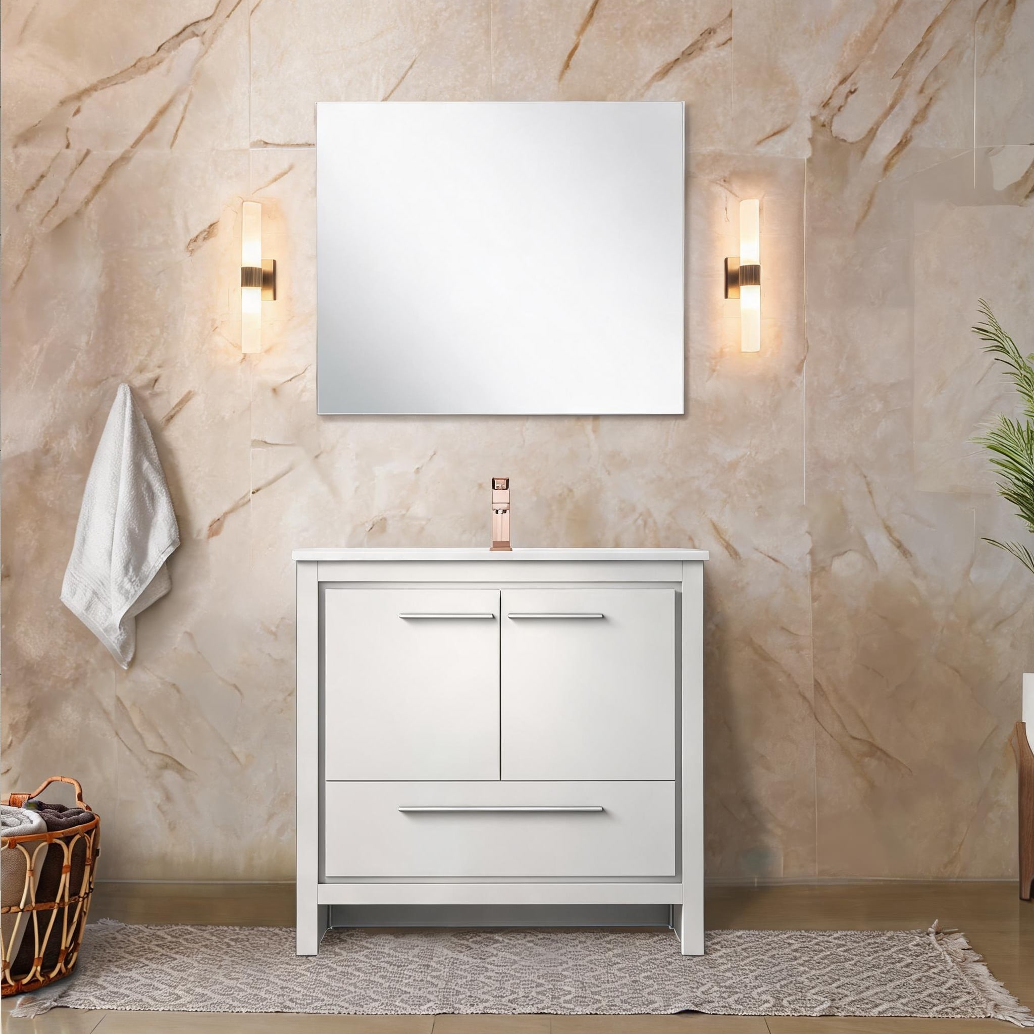 SunJet 36-Inch Bathroom Vanity with Cultured Marble Top and Rose Gold Faucet White Finish