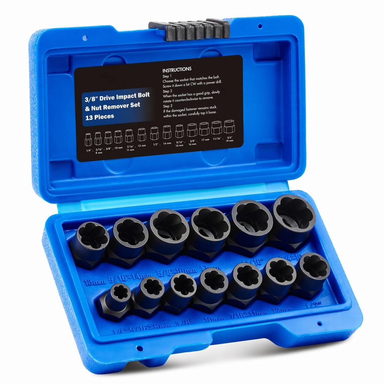 Phewnyzo Nut and Bolt Extractor Set 13 Piece SAE and Metric for Stripped Rusted or Damaged Fasteners Chromoly Steel 3 8 Inch Drive Storage Case #LPW0714W109