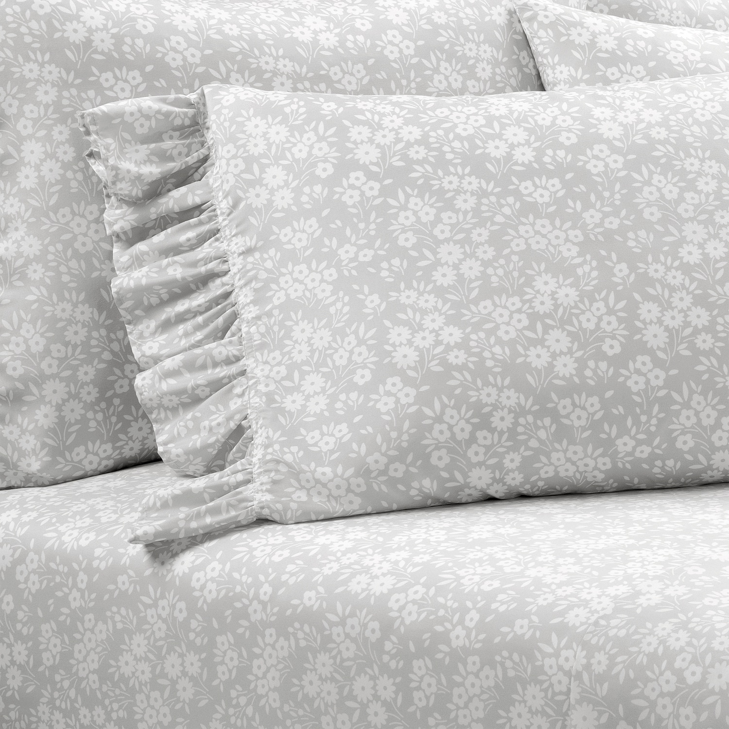 Gray Floral Microfiber Twin XL Ruffle Sheet Set