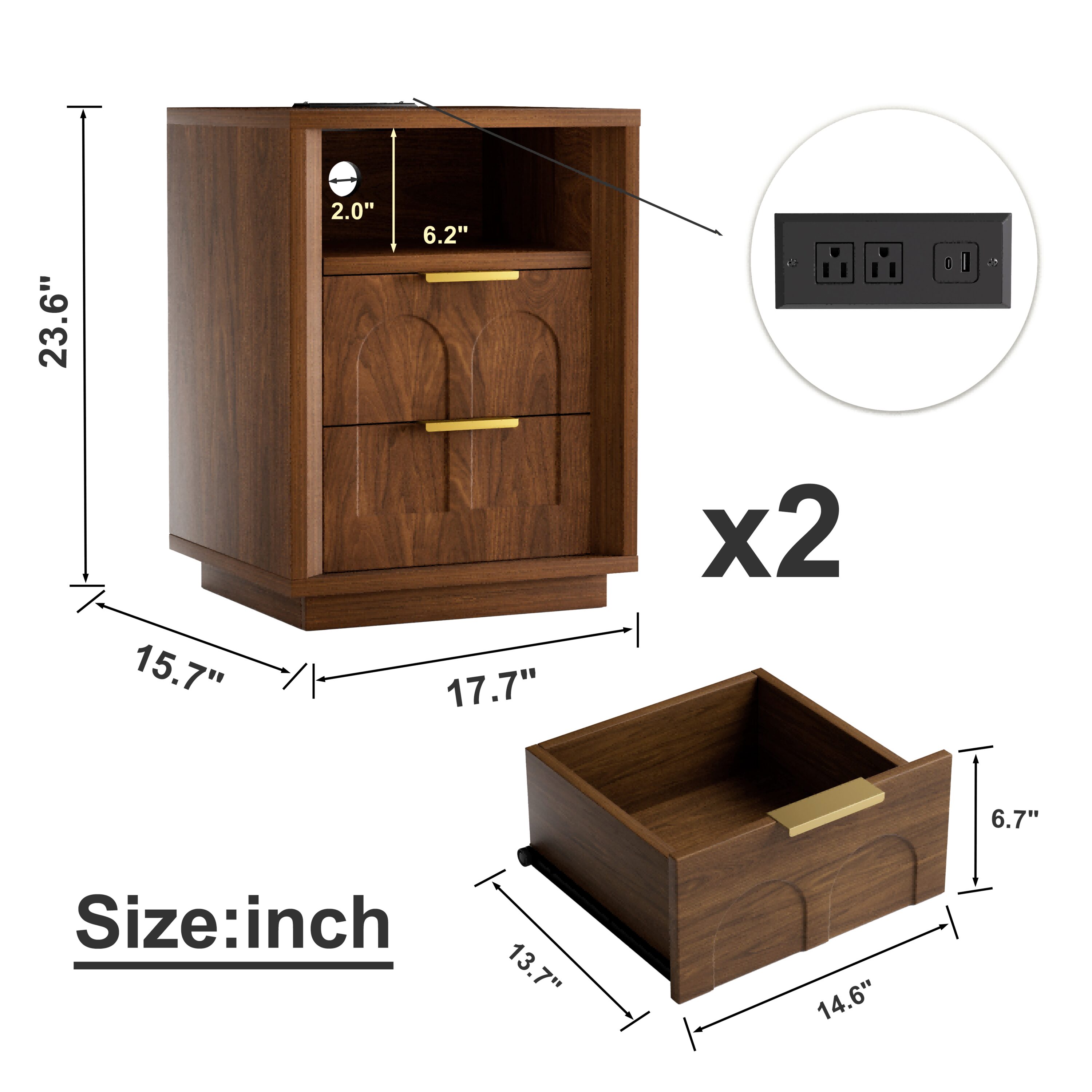 VONZOY Nightstand Set of 2 with Charging Station 2 Drawers Open Shelf ...