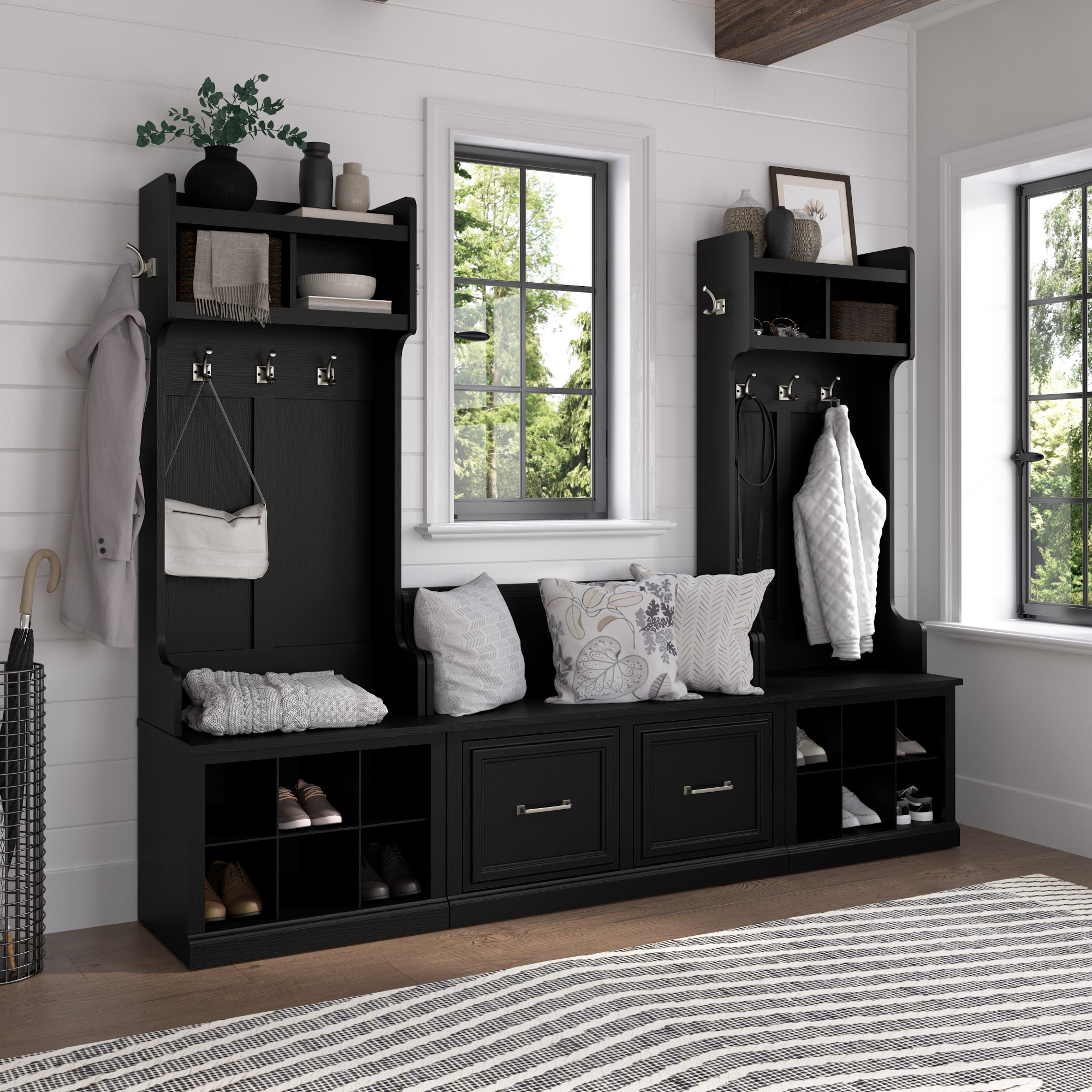 Bush Furniture WDL011BS Woodland Modern 88.7-in Black Suede Oak Wood Hall Tree