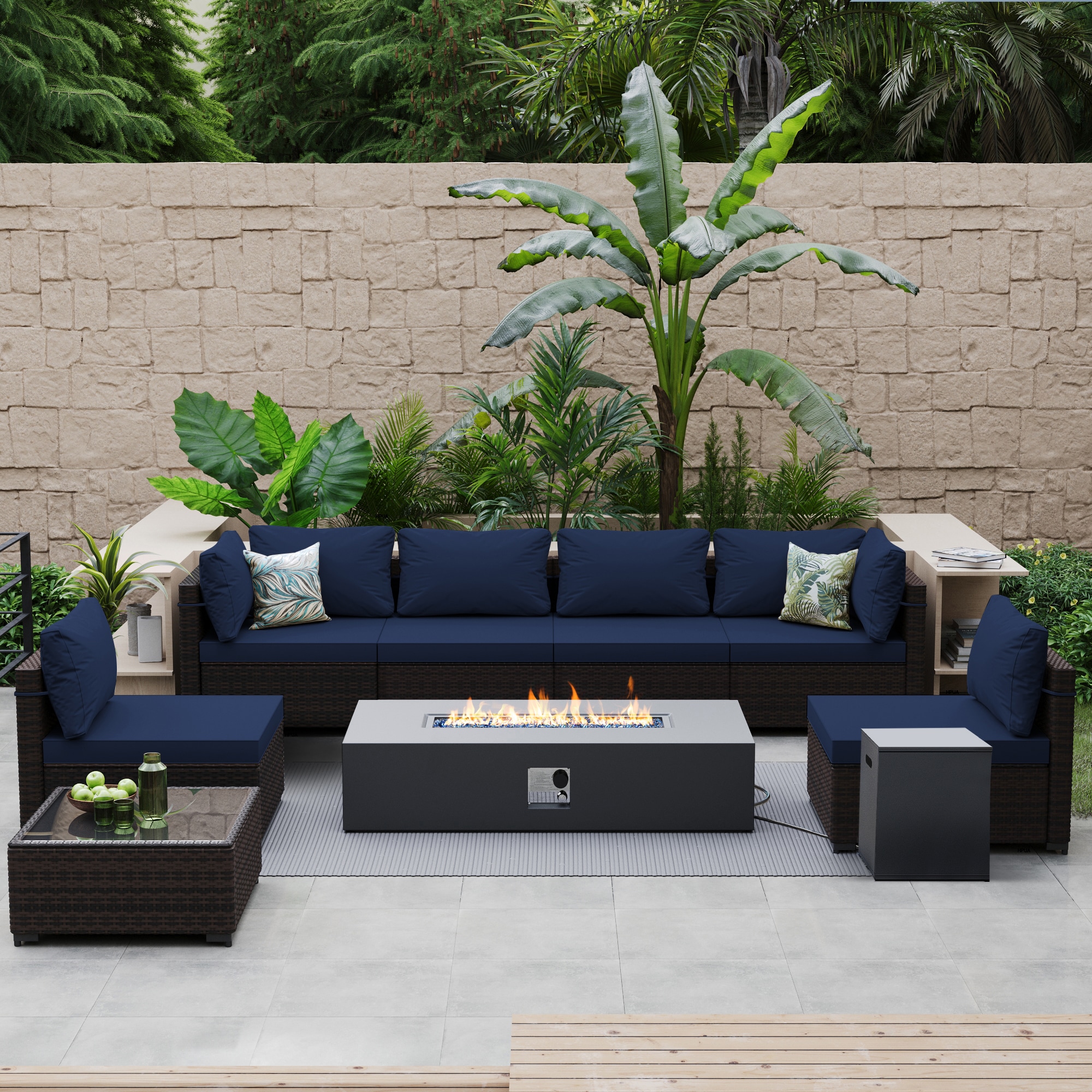 Patio Watcher TBSF-ABC56TDK-NA 8 -Piece Rattan Patio Conversation Set with Blue Cushions