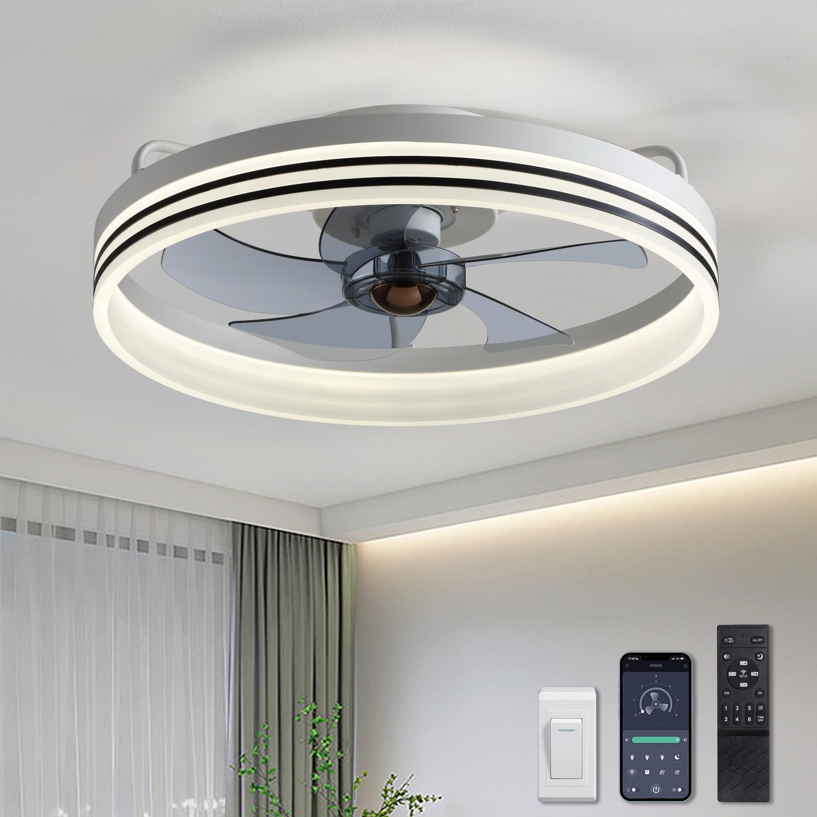 SILJOY CFL-1105-02 Flush mount Ceiling Fan with Light and Remote Control Include