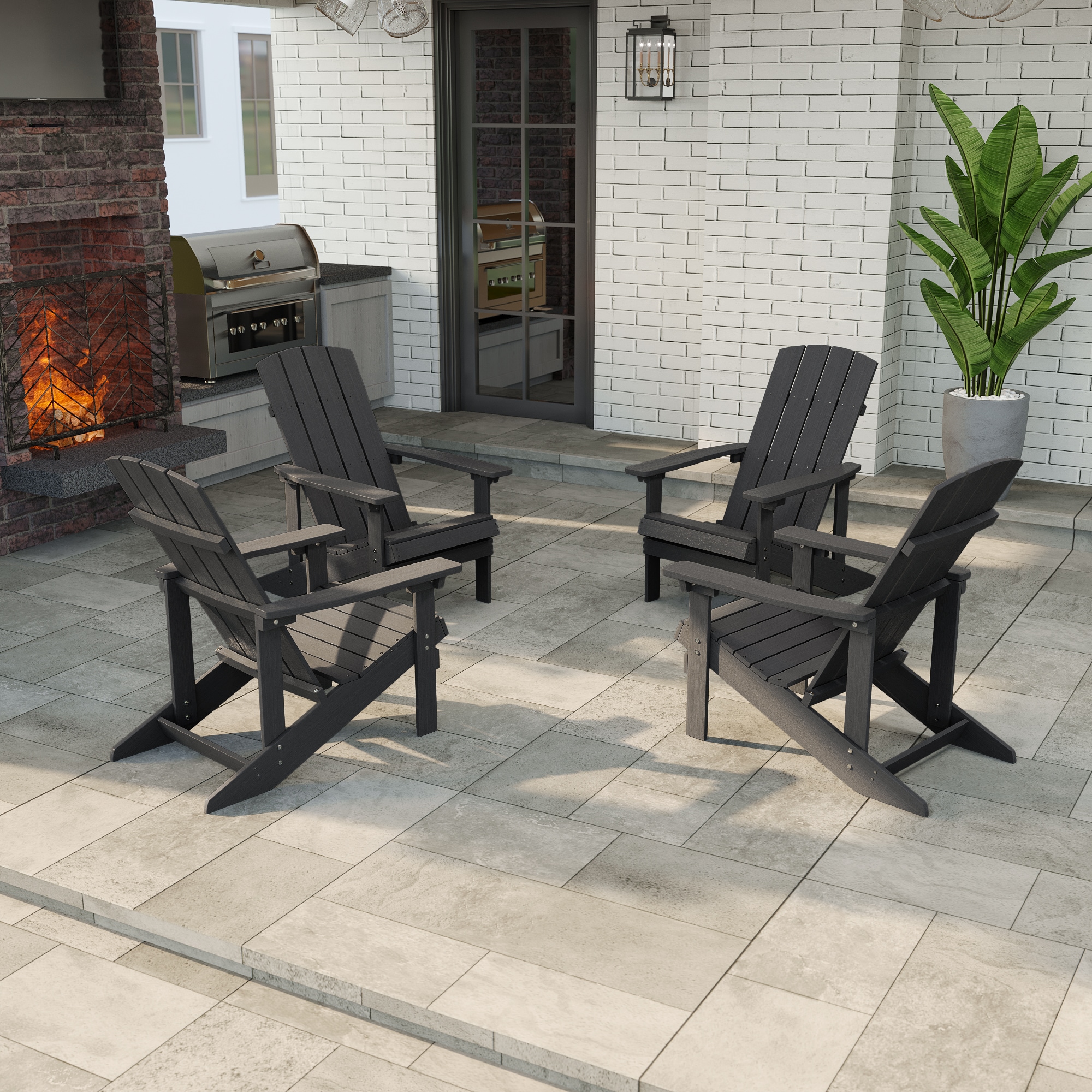 ACEGOSES LW-QW-B8BK-4 Adirondack Chair Set of 4 Black Stationary Adirondack Chair with Slat Seat