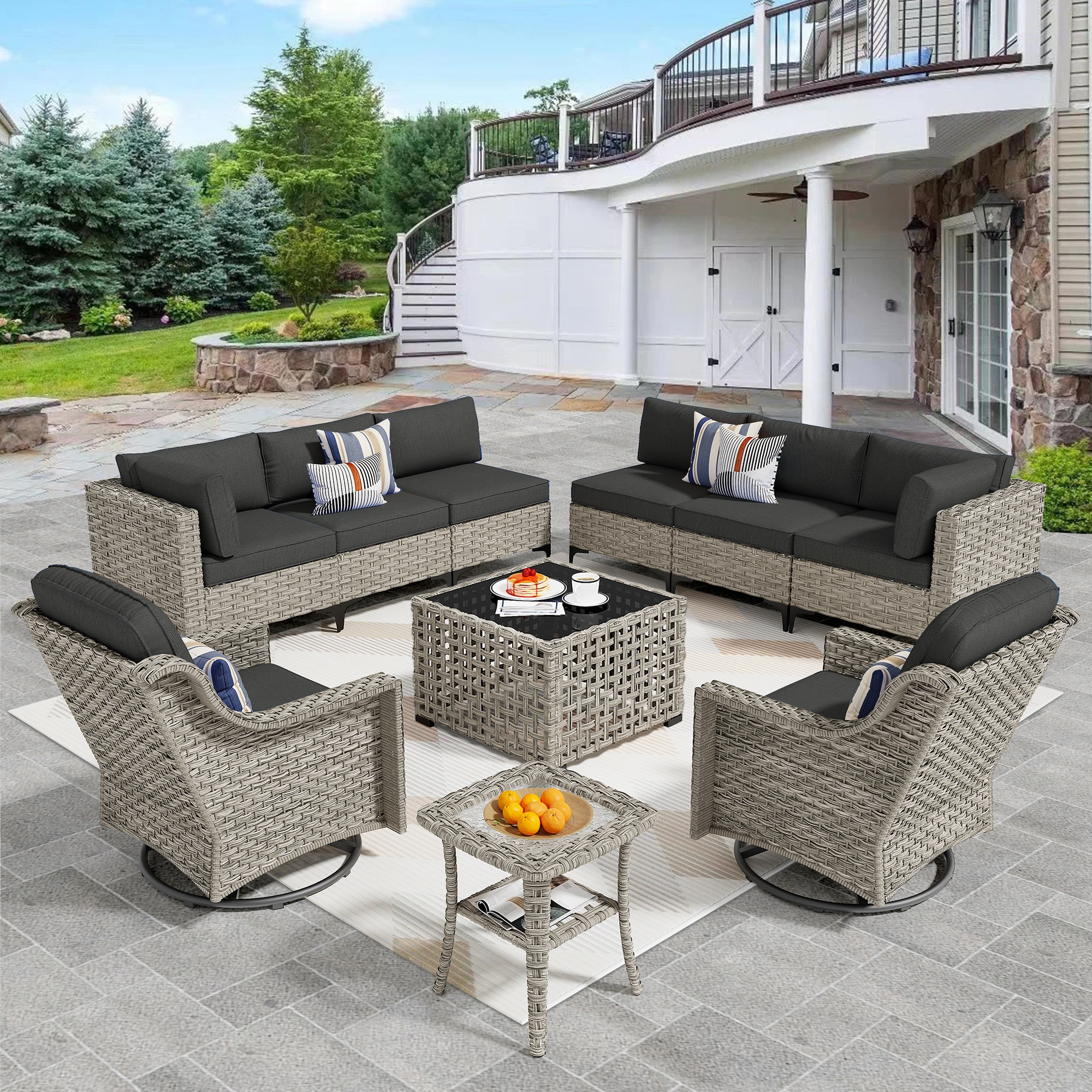 XIZZI XISKT105-RC3 Amber 10-Piece Rattan 2 Patio Sofa Conversation Set with Black Cushions