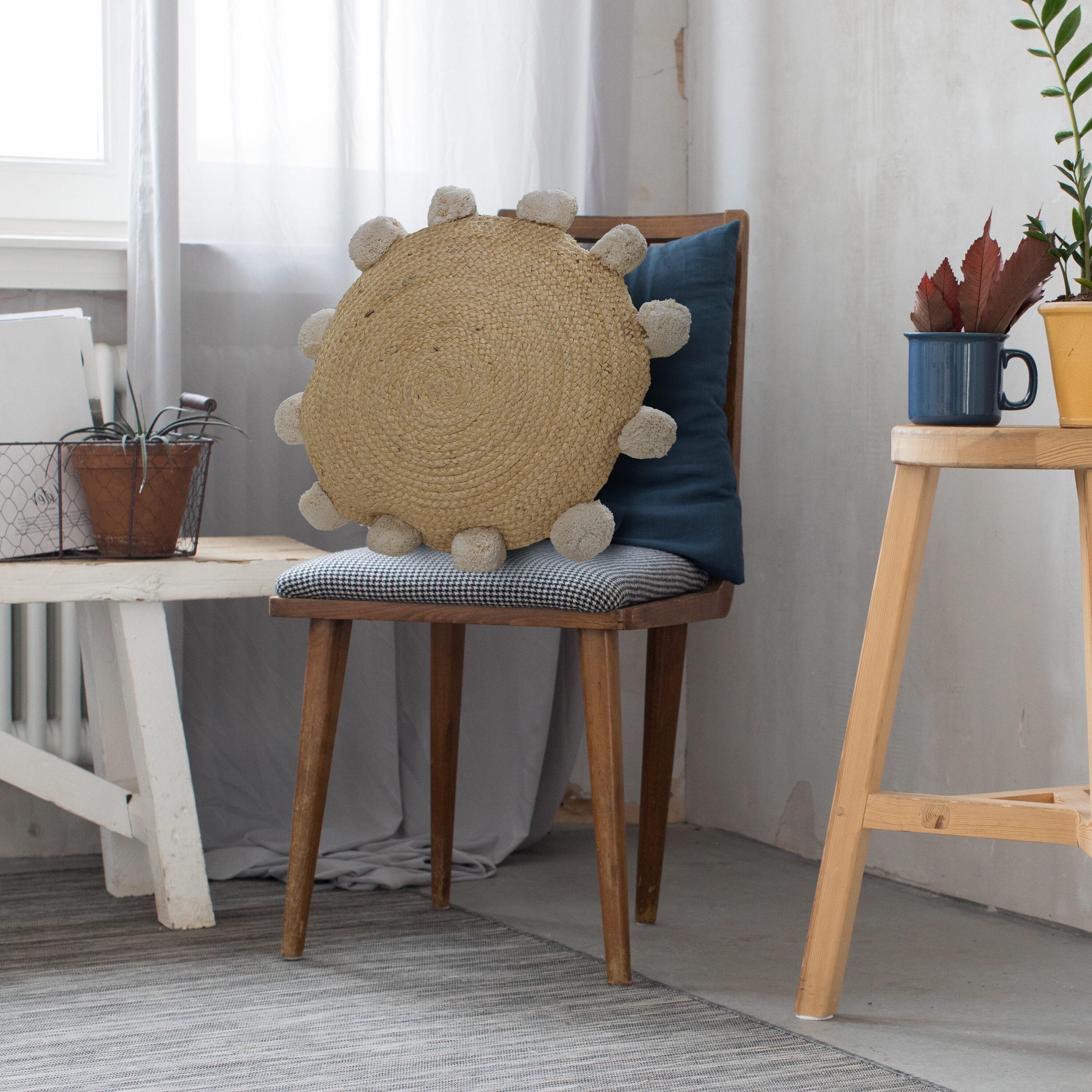Round Natural Jute Throw Pillow with Pom Pom Border