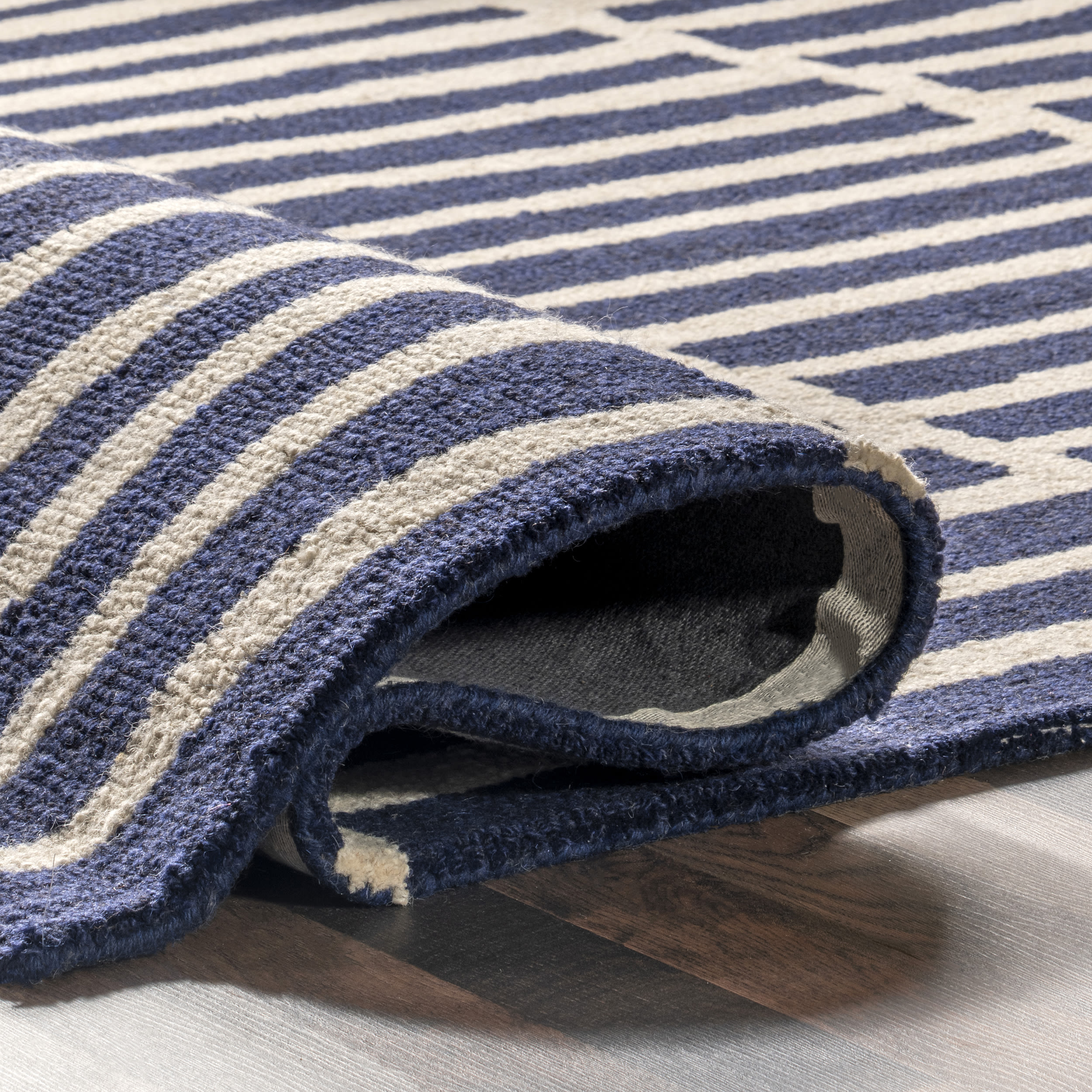 Navy and White Geometric Wool Tufted Runner Rug