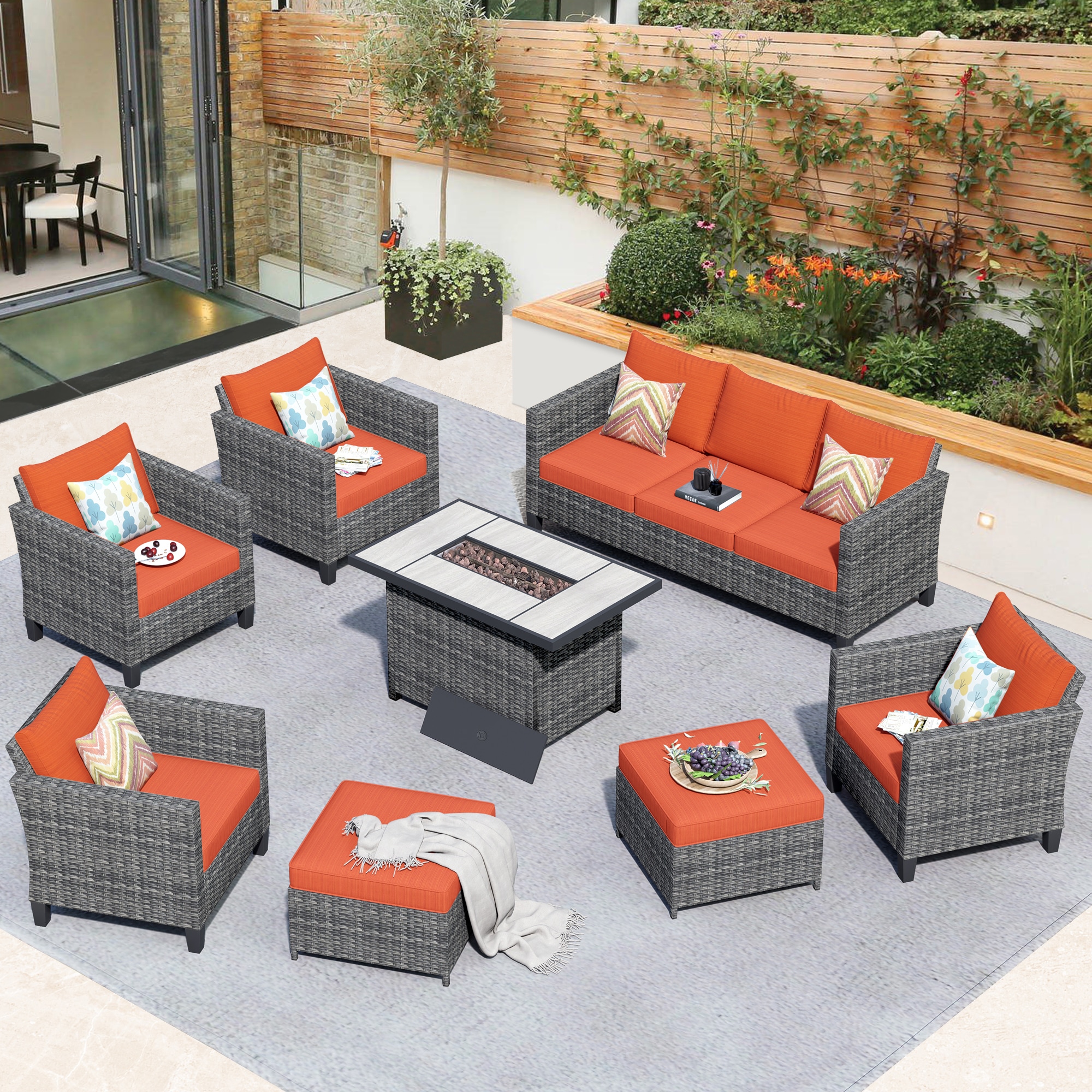 Pouuin SRFPGRS808 8 -Piece Wicker Patio Sofa Conversation Set with Orange Cushions