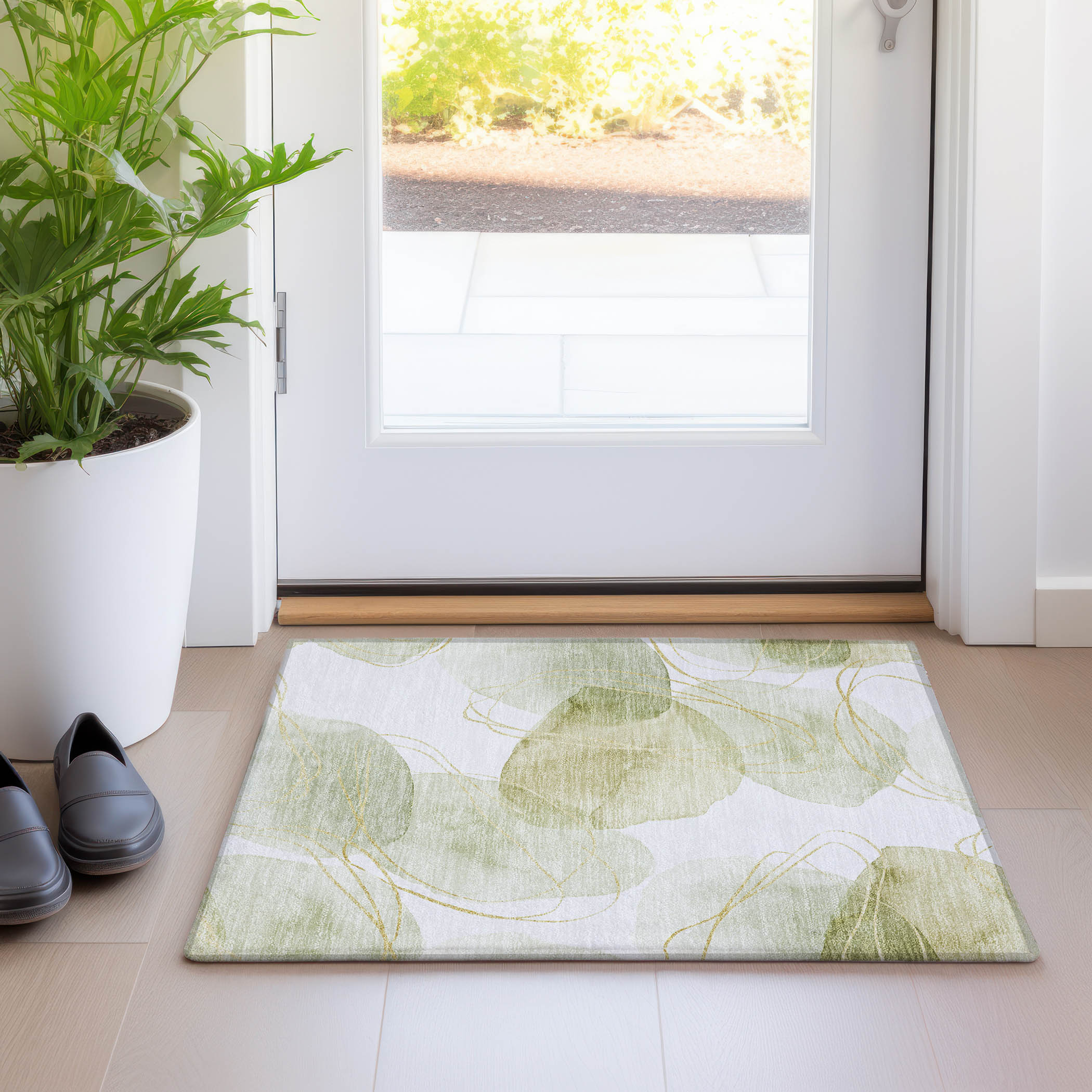 Green and Beige Flat Woven Synthetic Rectangular Rug