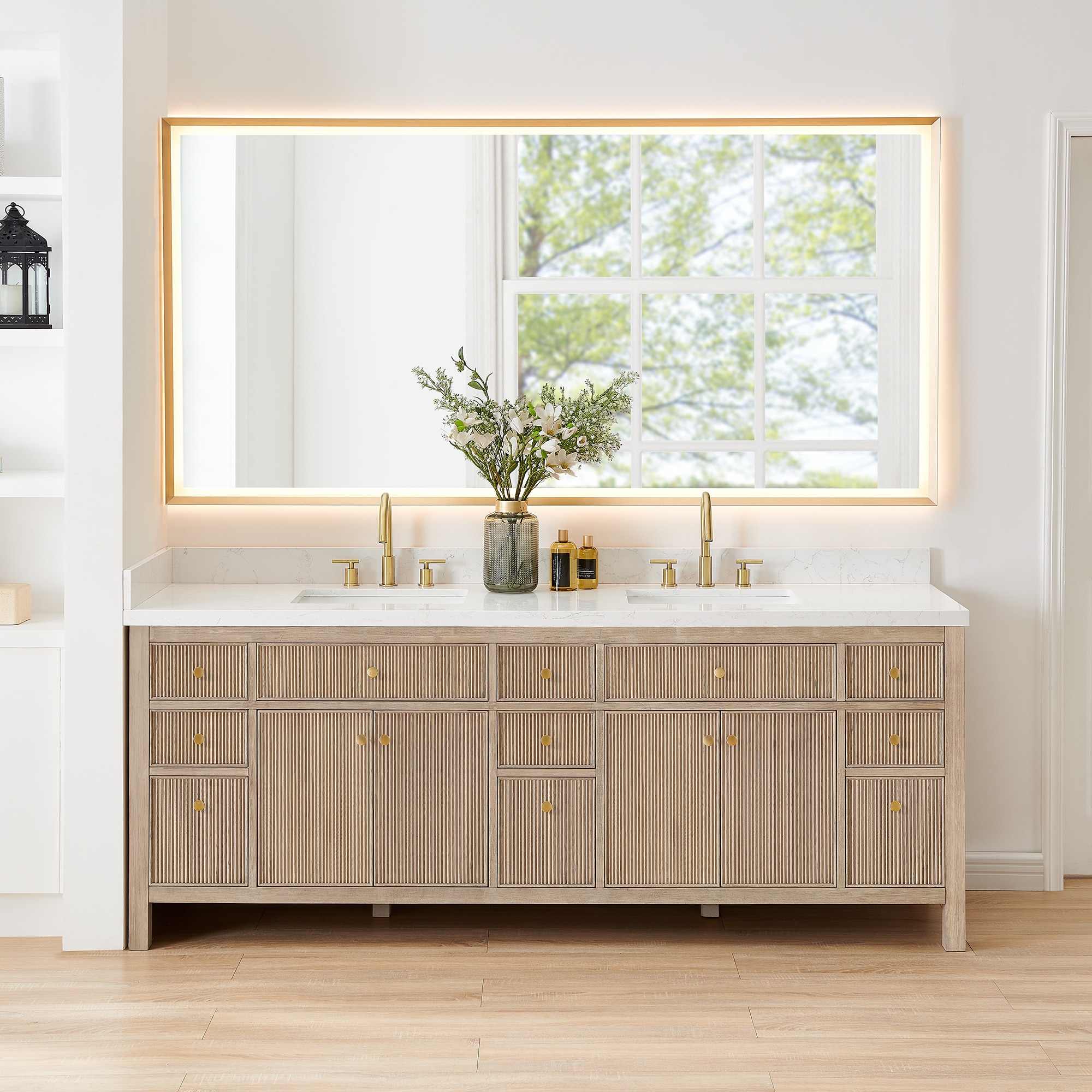 Altair 567084-NK-GW Cerrito 84-in Natural Oak Undermount Double Sink Bathroom Vanity with Grain White Engineered Stone Top (Mirror Included)