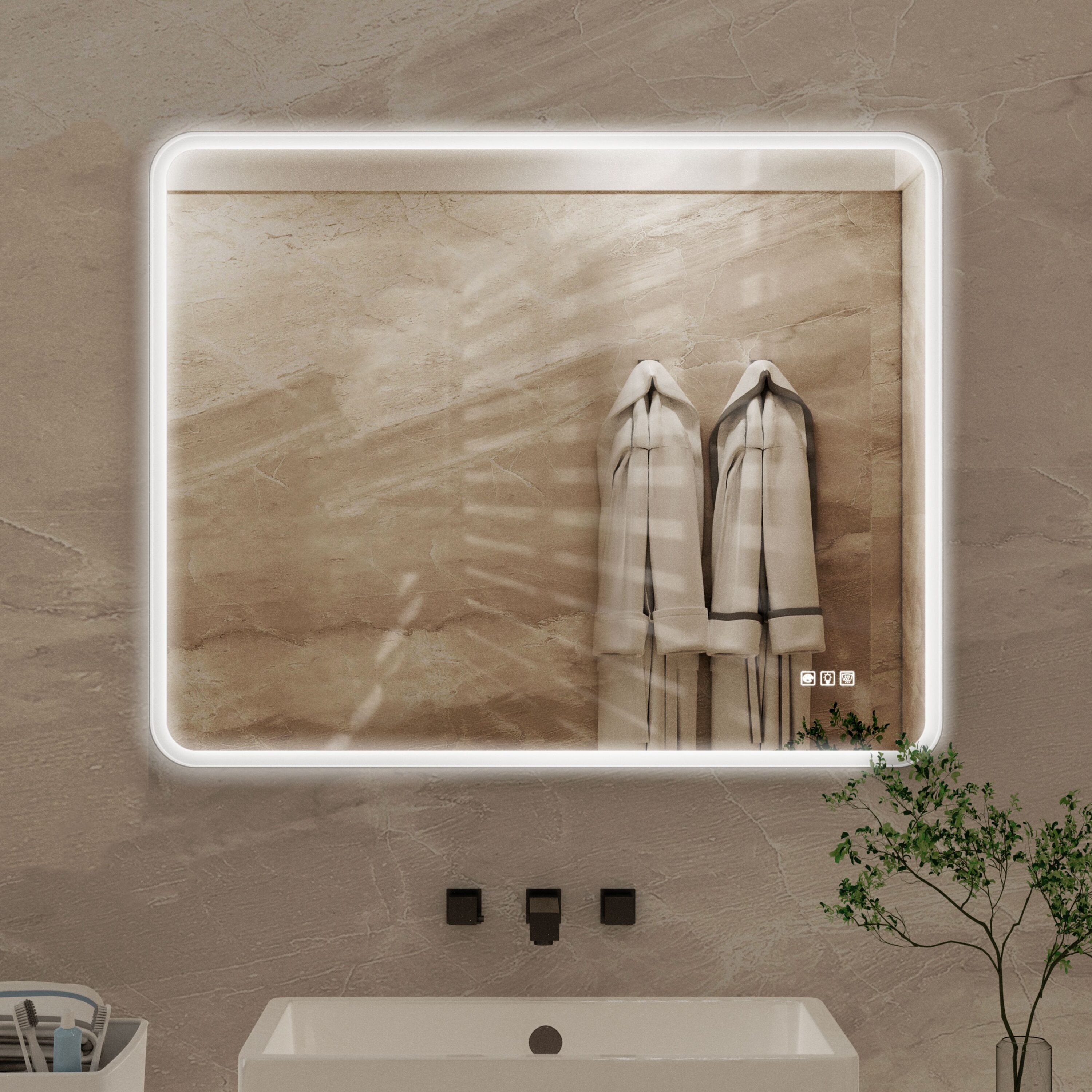 WELLFOR GIZ-X4B4032 XB 40-in x 32-in Framed Rectangle Dimmable LED Lighted Fog Free Bathroom Vanity Mirror ( Matte White )