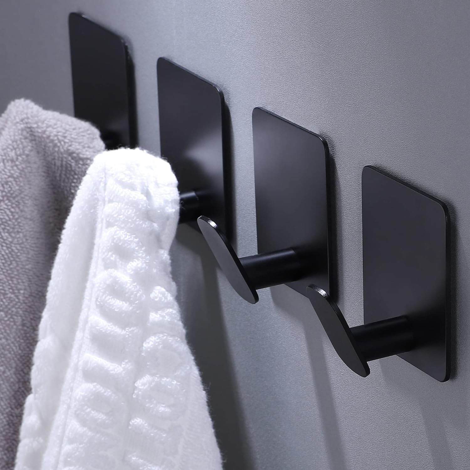 Deliton - Adhesive Hooks 4 Pack Matte Black Stainless Steel Towel Coat Wall Hooks Stick on for Ba...
