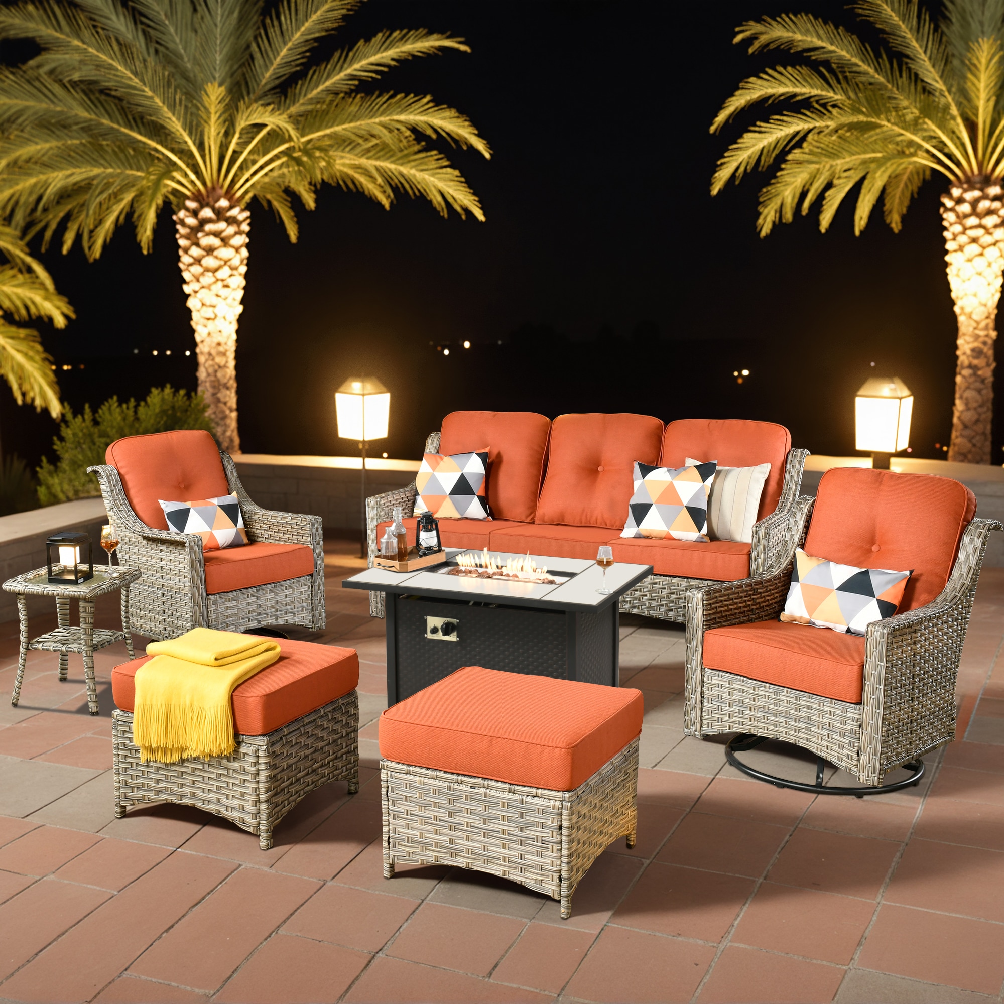 weaxty HMBCFP03-PAD806 Aireno 7 -Piece Rattan Patio Sofa Conversation Set with Orange Cushions