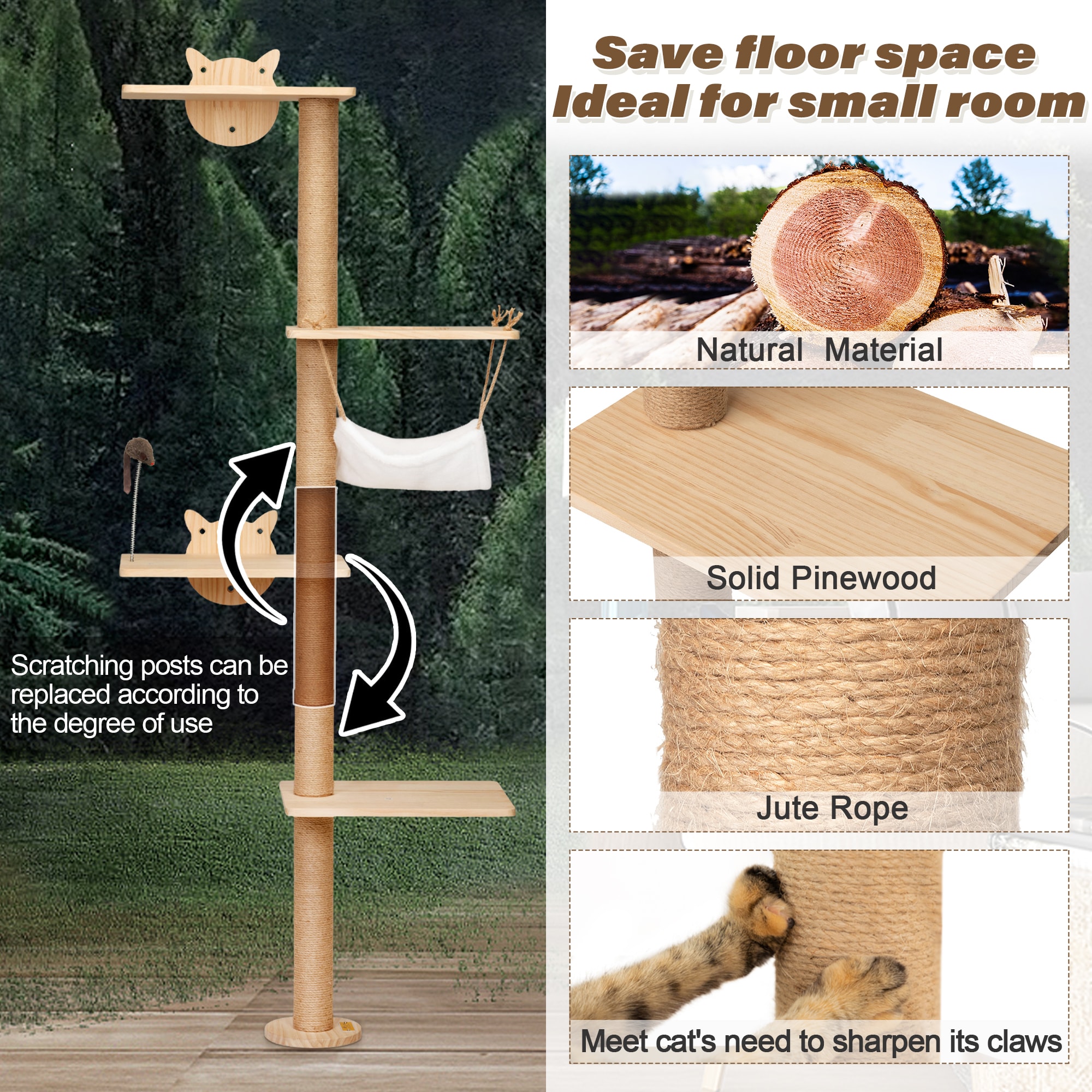 Natural Pinewood Wall-Mounted 4-Tier Cat Tree with Sisal Scratching Post