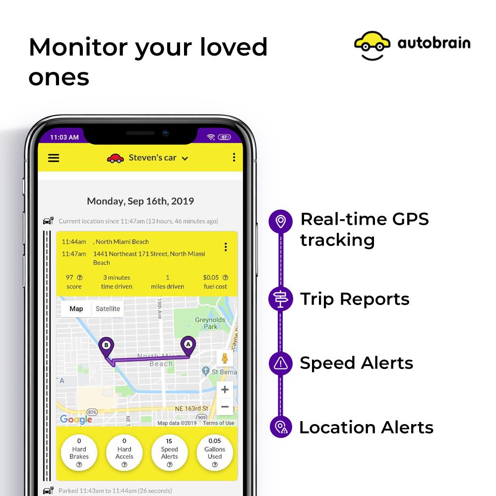 autobrain OBD Real-Time GPS Tracker for Vehicles Teen & Senior Driver Monitoring Parking Locator & Car Finder Tracker 24/7 Emergency Assistance Auto Health Diagnostics 1 Month of Service 