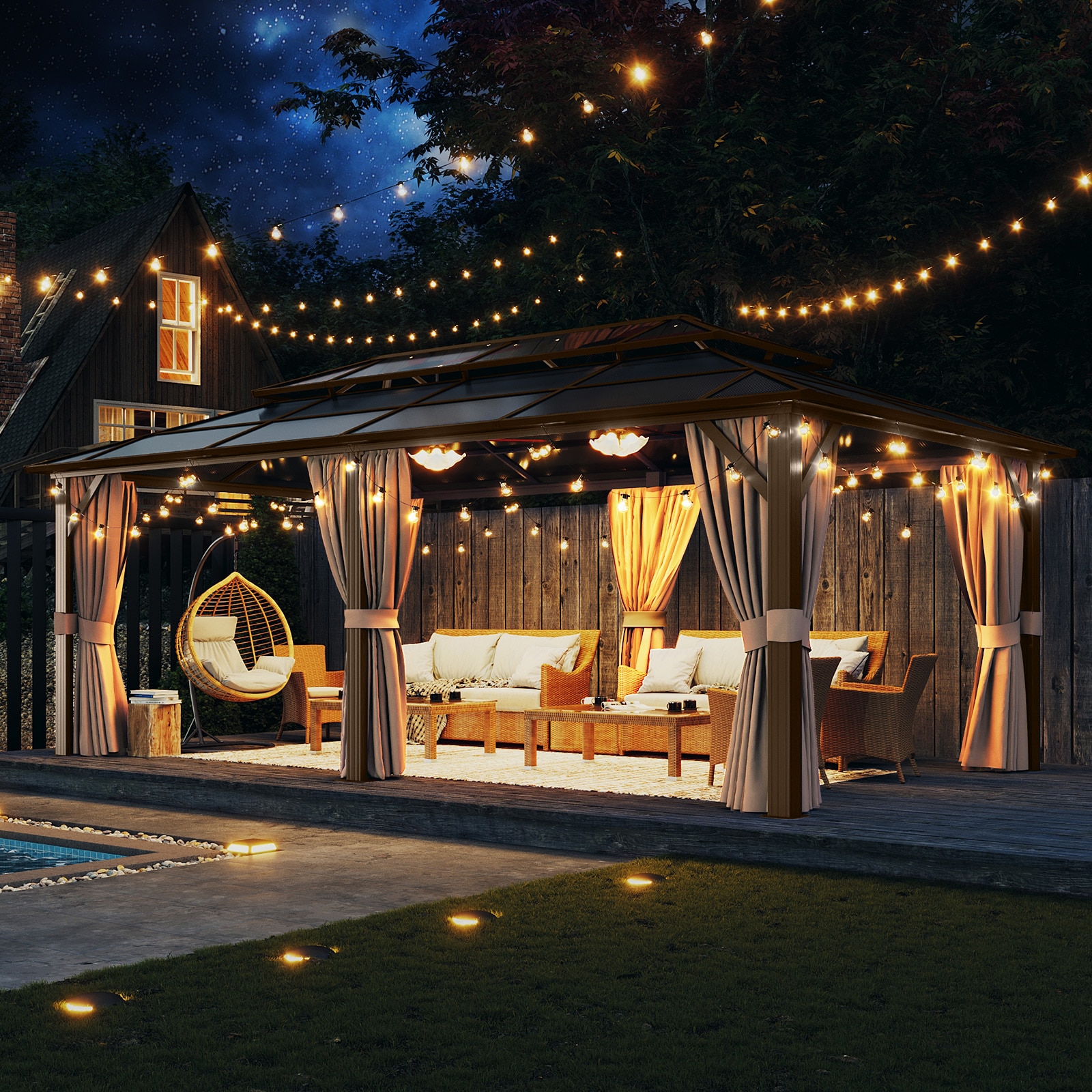 Large Rectangular Brown Aluminum Hardtop Gazebo with Curtains and Netting