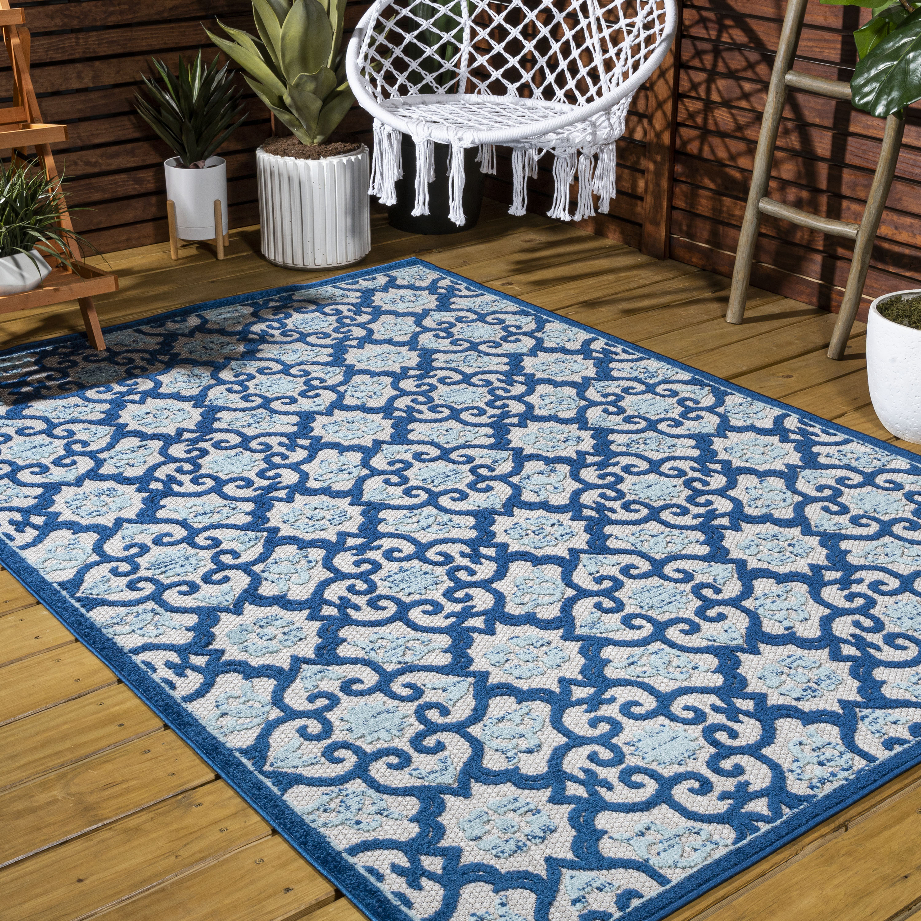 JONATHAN  Y AMC107B-5 Amalfi Coast Gallia Tile High-Low 5 x 8 (ft) Loomed Polypropylene Light Gray/Blue Rectangular Indoor/Outdoor Trellis Coastal Area rug