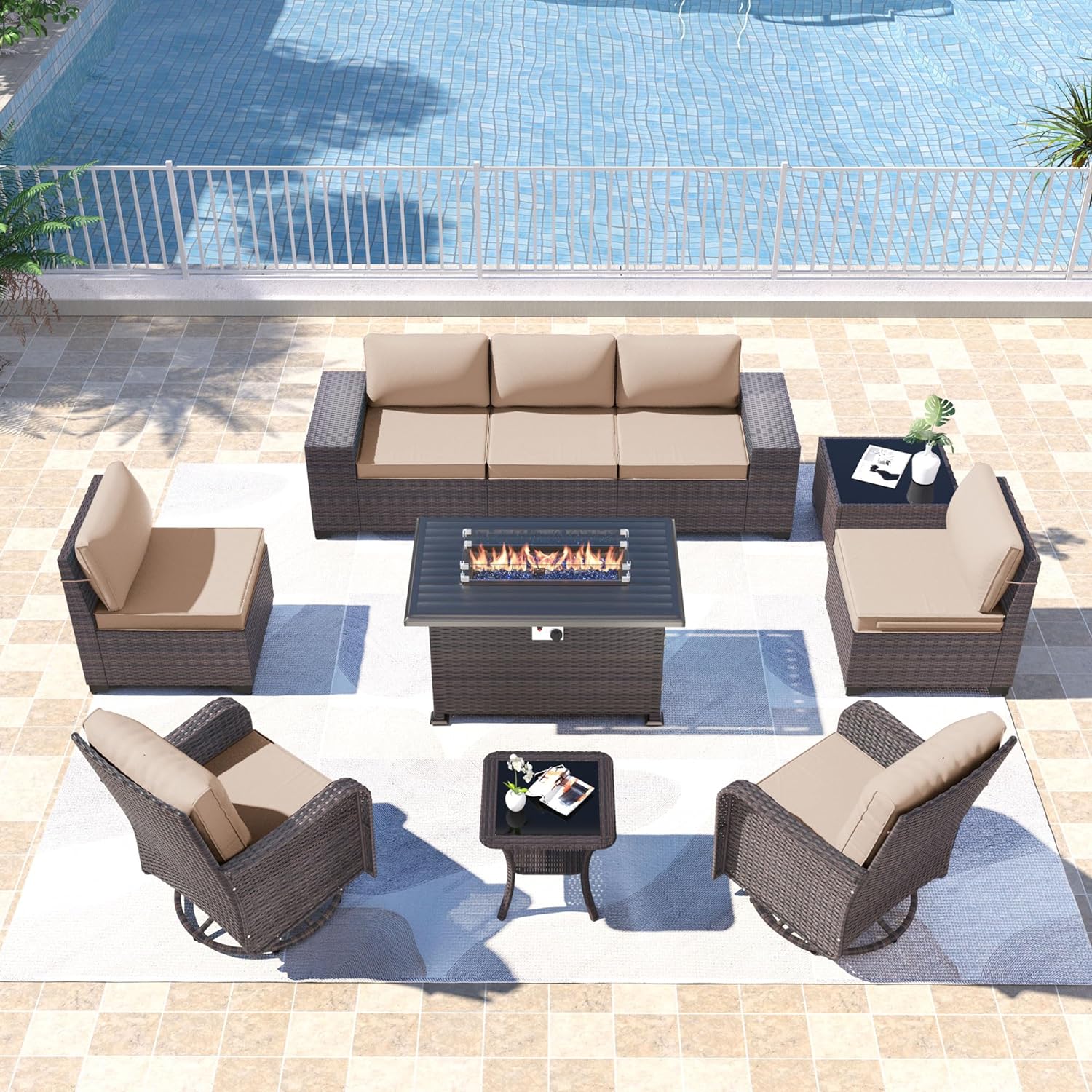 ALAULM LS-6SRFP-SAND 10 -Piece Rattan Patio Sofa Conversation Set with Brown Cushions