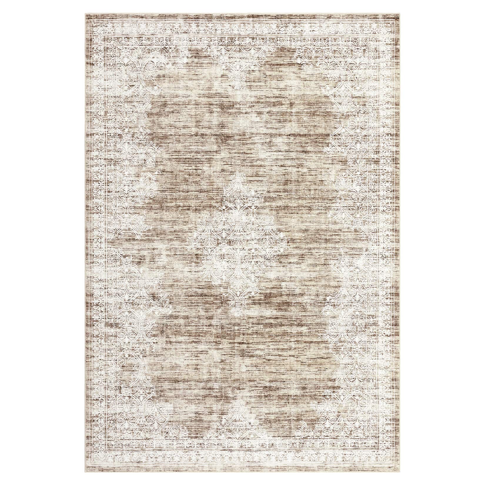 Qeetex LSN-PHO-15XYX3VS 5 x 7 ft Polyester Cashmere Imitation Light Brown Rectangular Hallway Bathroom Entryway Kitchen Office Foldable Flower Printed Persian Washable Area Rug