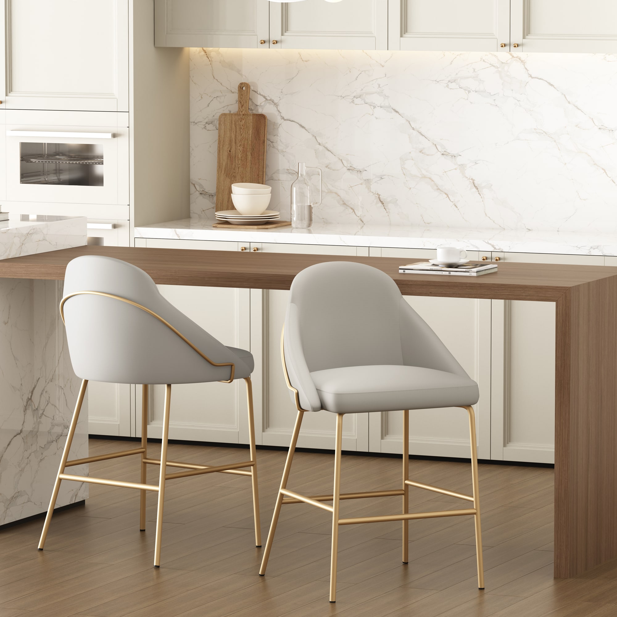 Manhattan Comfort 2-CS019-GST Gracie 2 -Set Stone and Gold 26-in H Counter height Square seat Upholstered Metal Bar Stool and Back