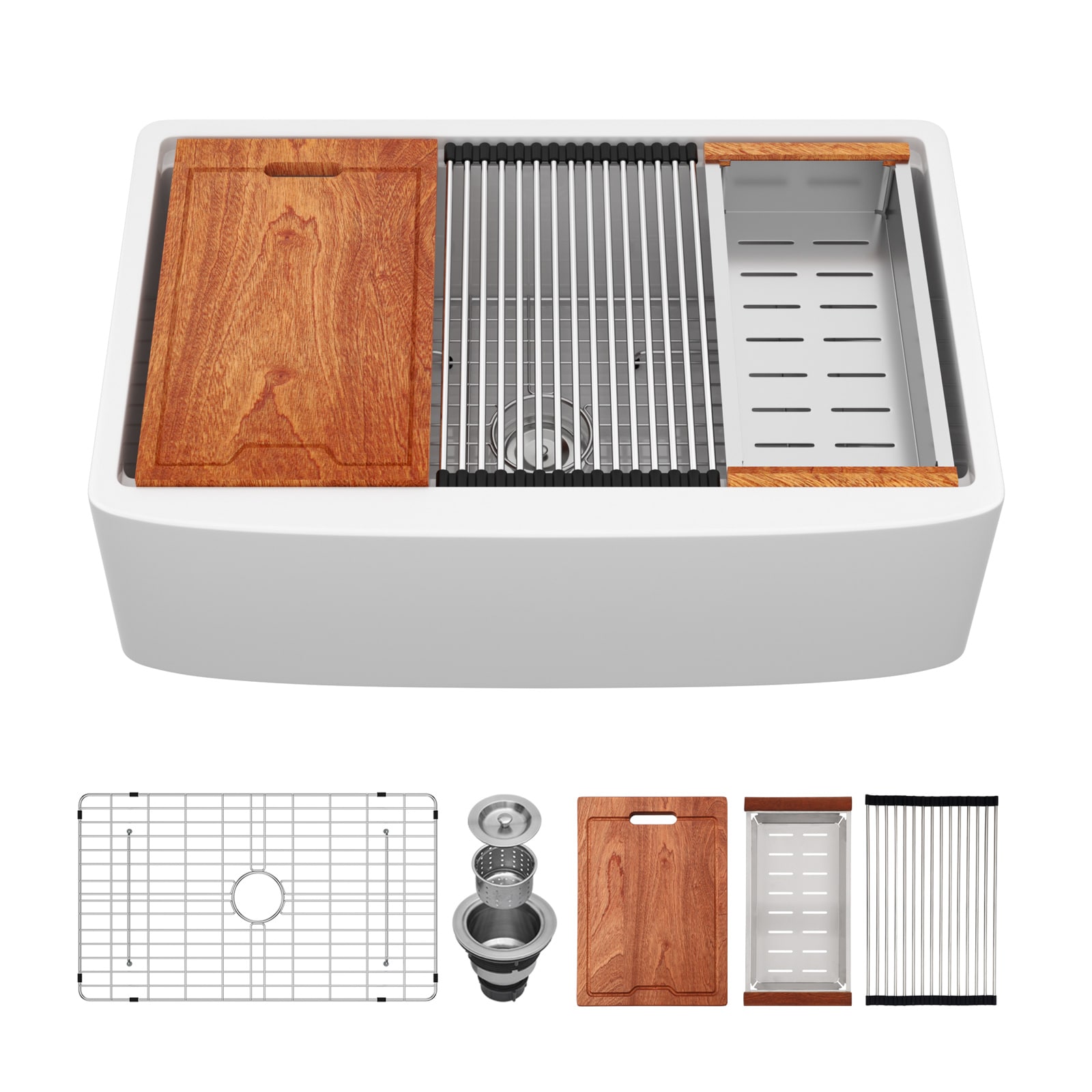 KICHAE Farmhouse Apron Front 33-in x 21-in White Ceramic Single Bowl Workstation Kitchen Sink with Accessories