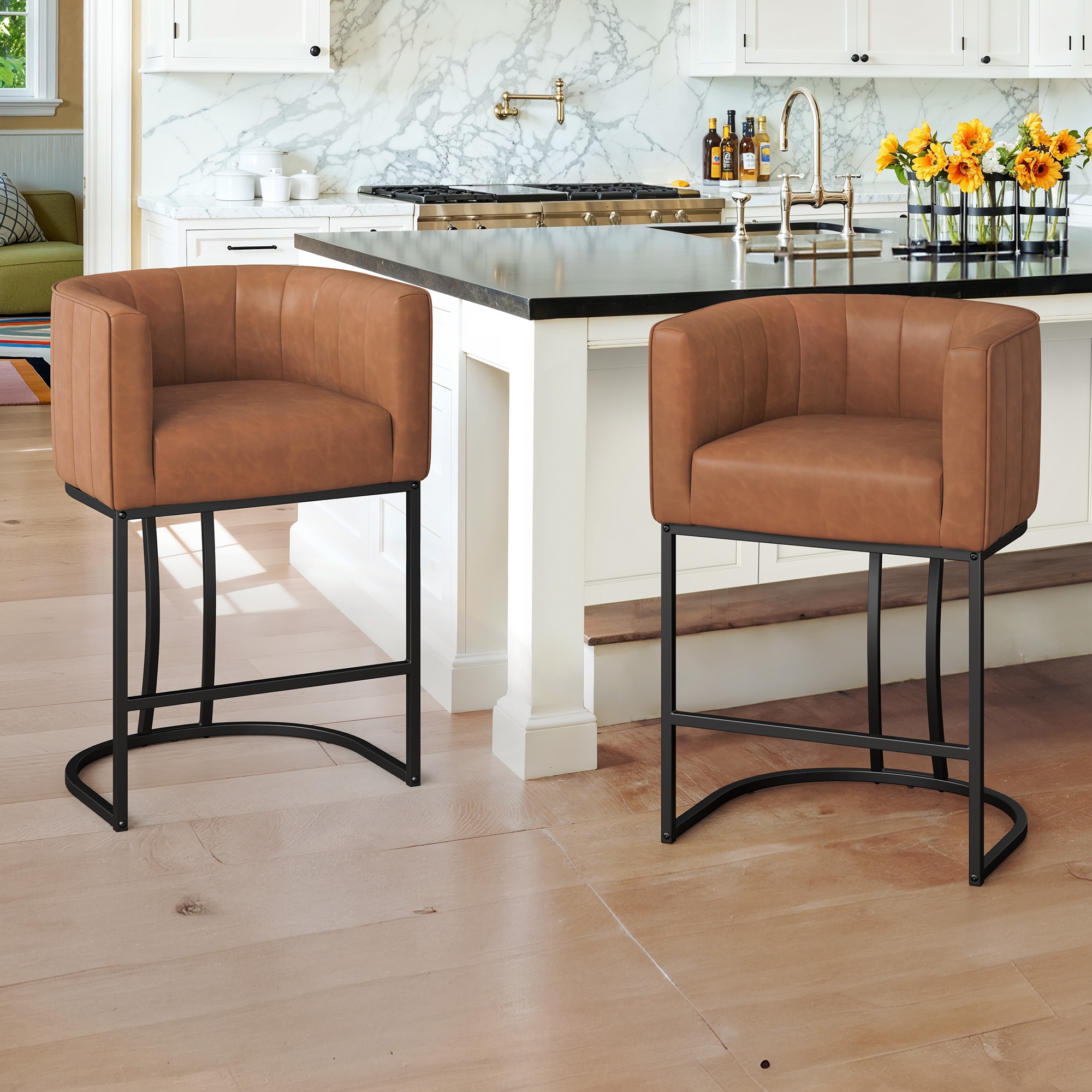 LUE BONA YB-146-04LS Set of 2 Brown/Faux Leather 26.4-in H Counter height (24-in to 27-in) Square Seat Upholstered Metal Back Bar Stool with Arms and Back