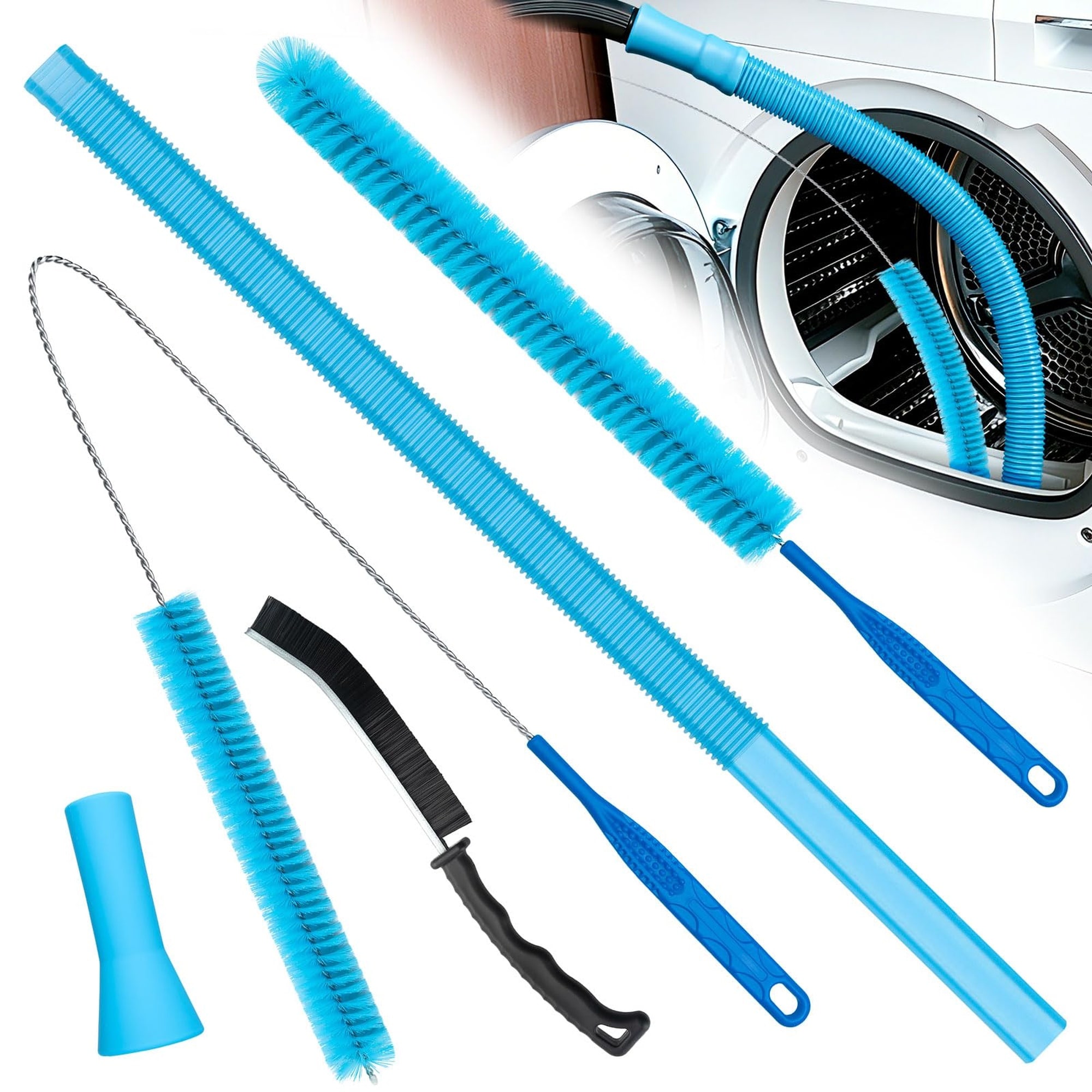Angel Sar L2FHA86DVCL13 4 Piece Blue Dryer Vent Cleaning Kit with Vacuum Hose Attachment Lint Trap Brush for Front Load Dryer Lint Removal